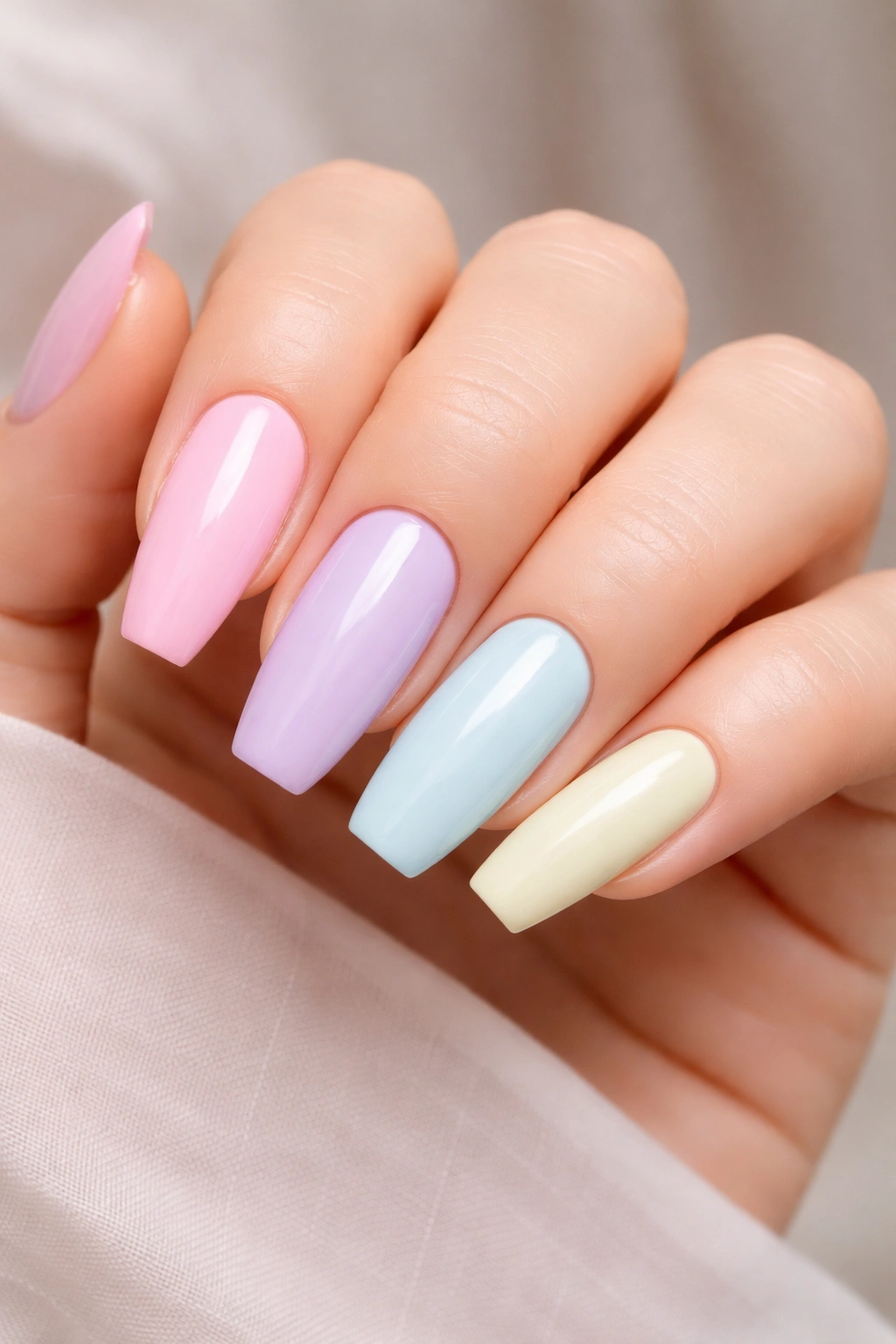 Close-up of five pastel ballerina nails in a single tone family.