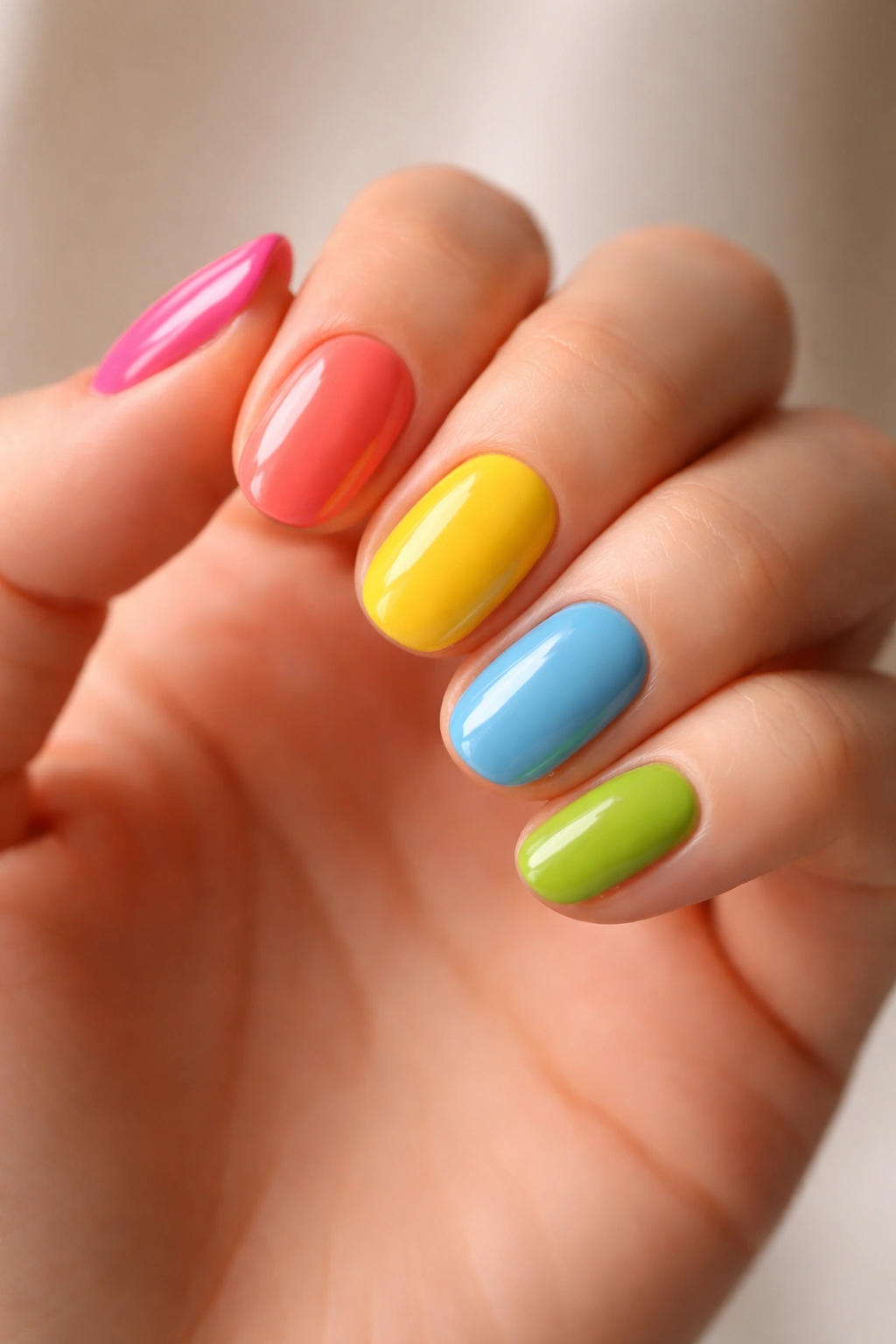 Close-up of short oval nails in a multicolor Skittles manicure with glossy finish