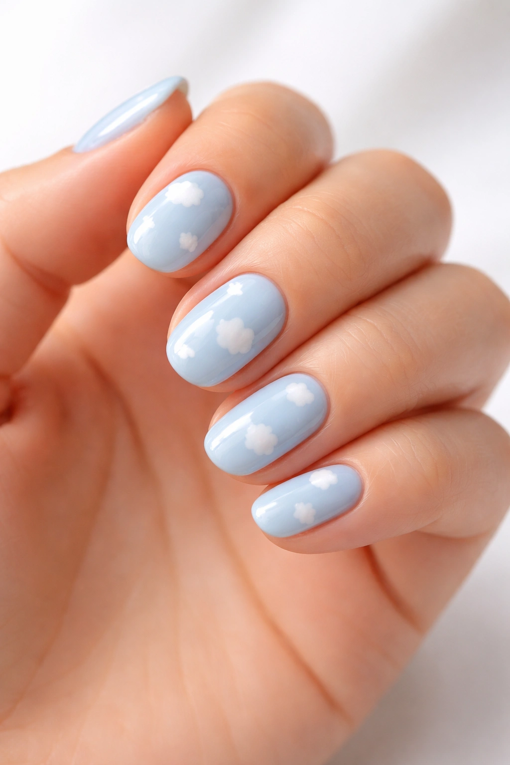 Close-up of sky blue nails with tiny white cloud designs on short oval nails