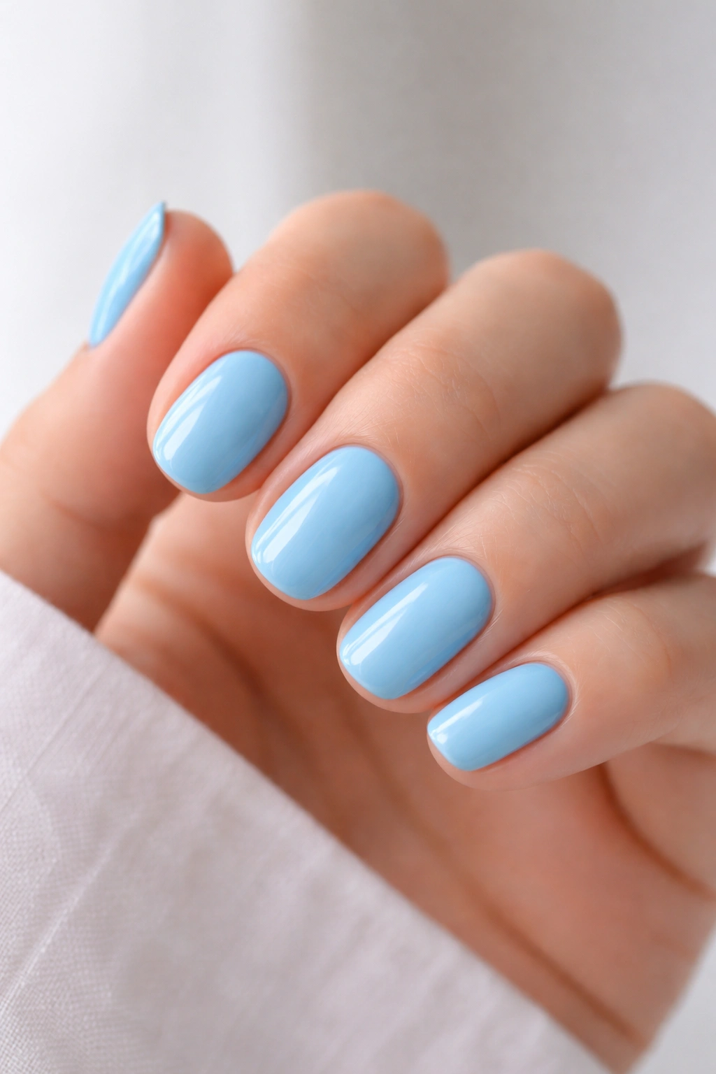 Close-up of sky blue short oval nails with glossy finish