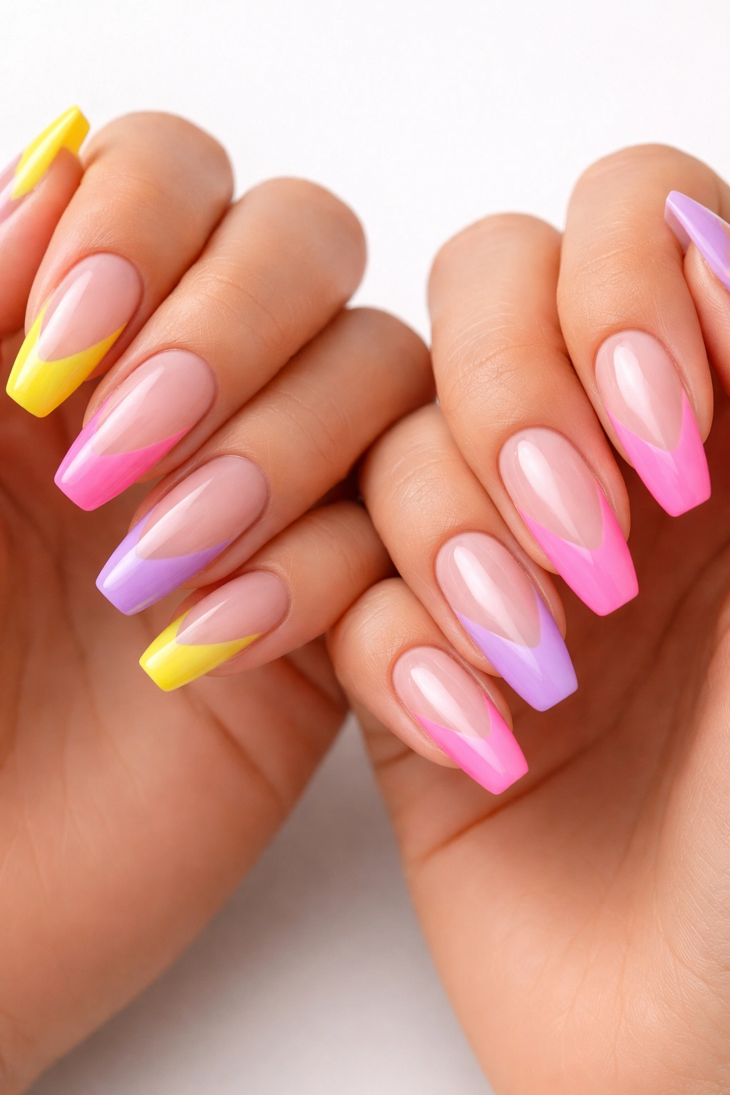 Close-up of hands with colorful slanted nails in yellow, pink, and lavender.