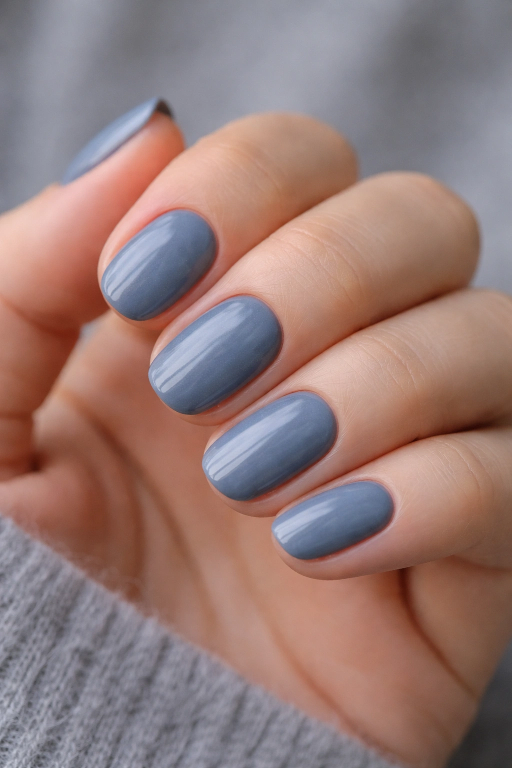 Close-up of slate blue-gray short oval nails with smoky tone