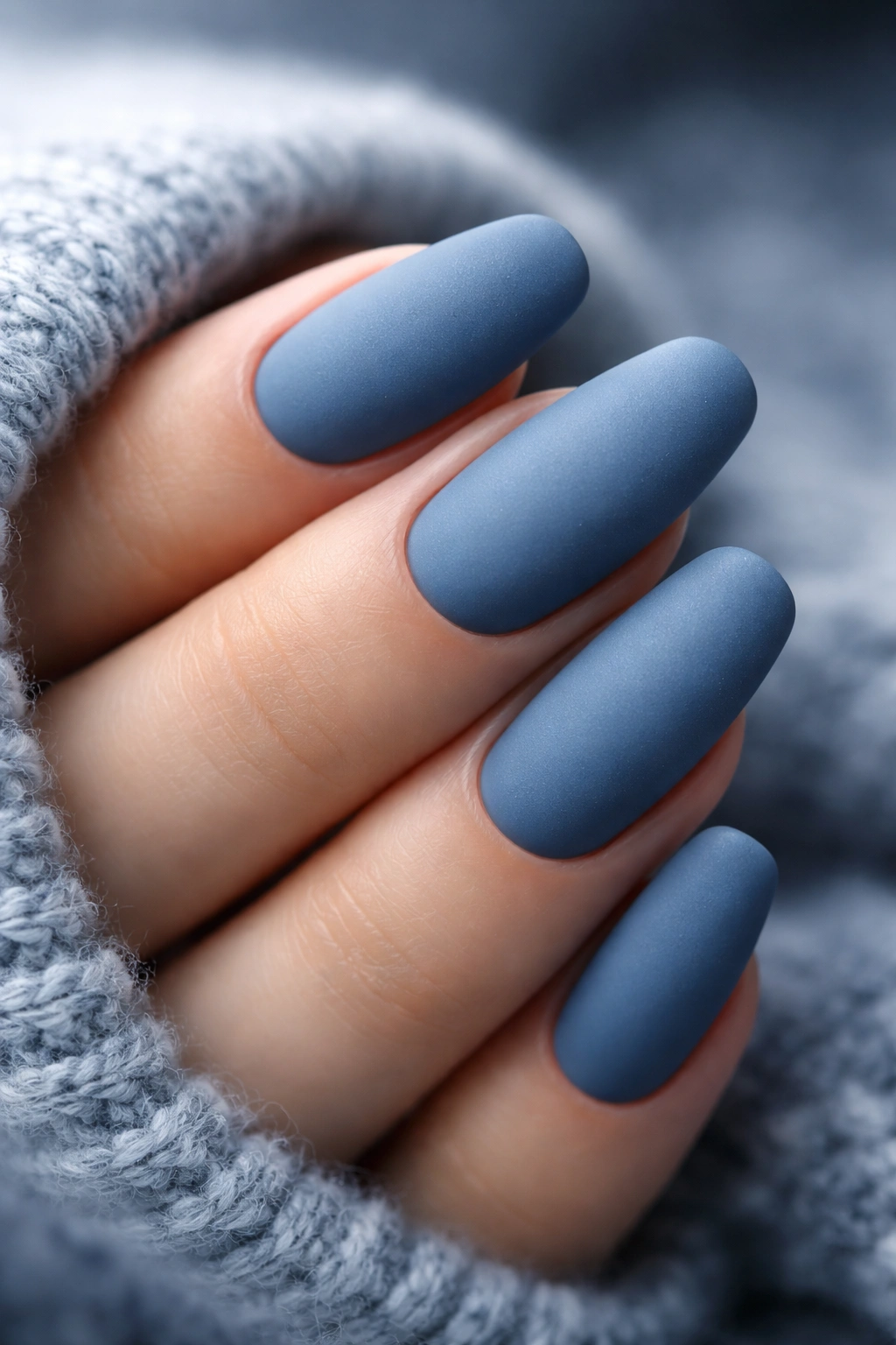 Close-up of slate blue nails with matte velvet finish