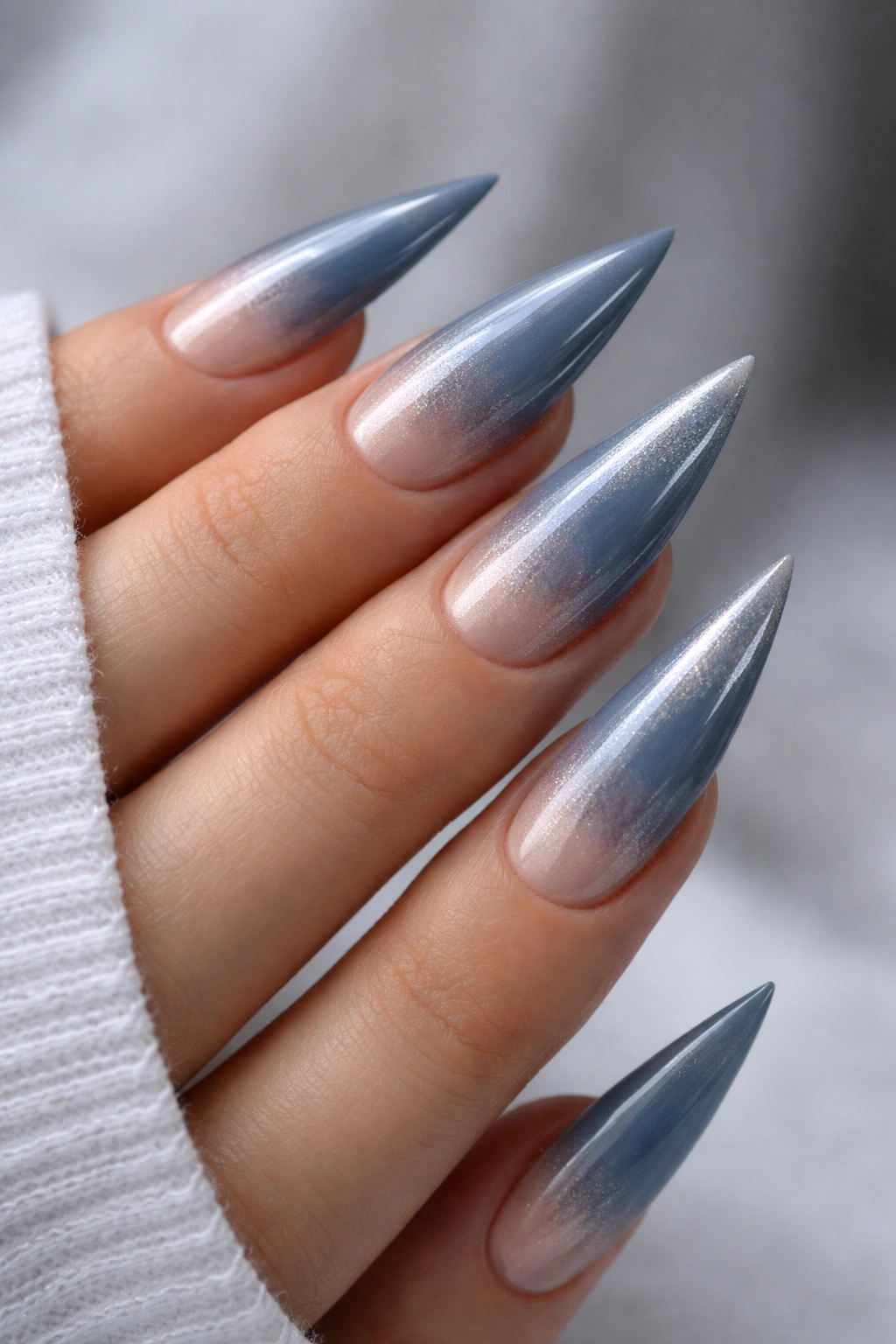 Slate blue to silver nude ombre stiletto nails