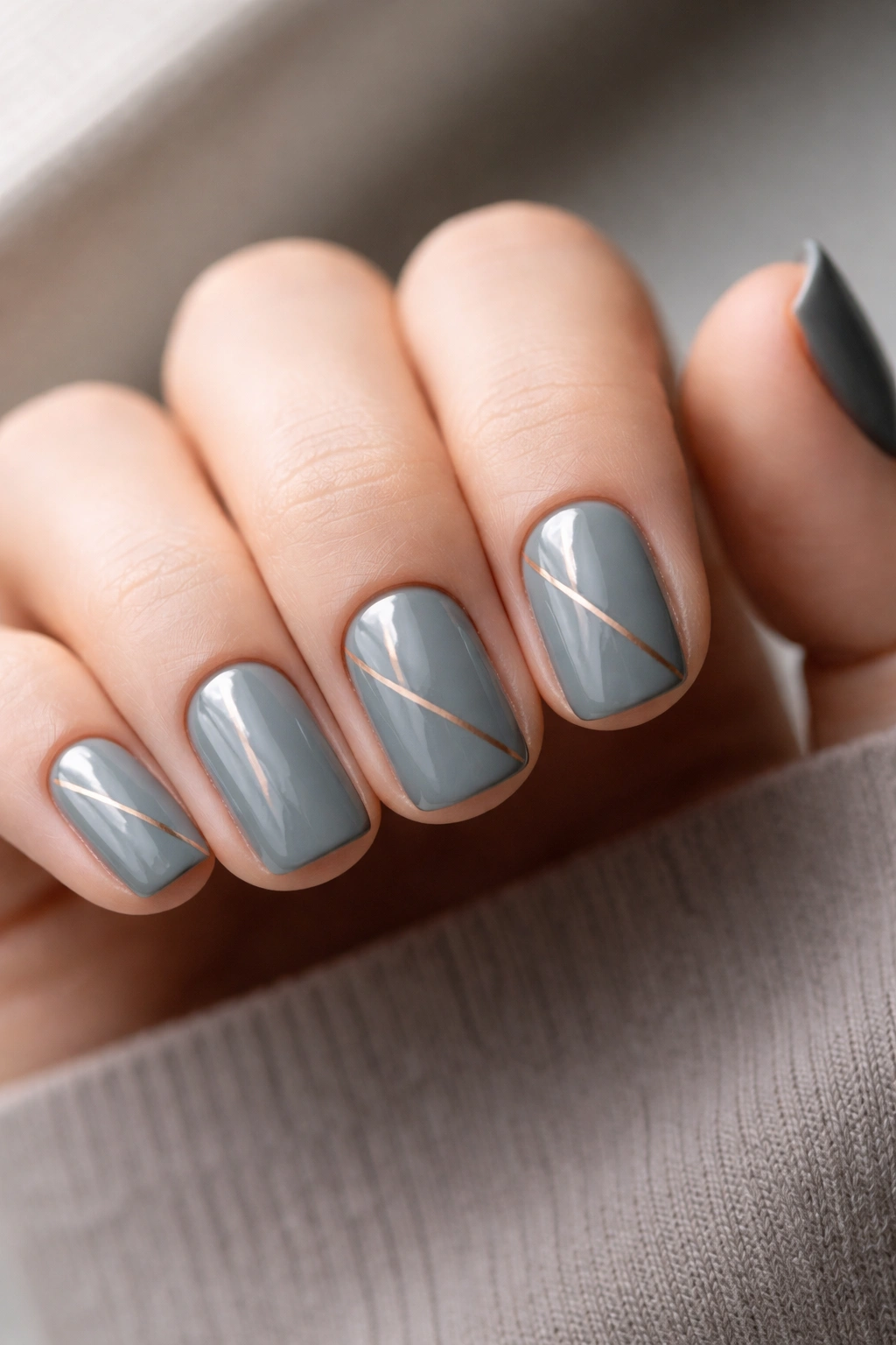 Close-up of slate gray nails featuring a minimalist copper line