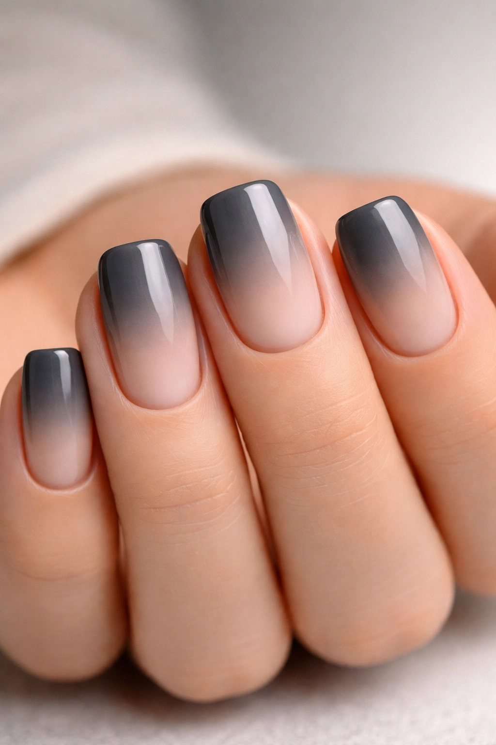 Close-up of short squoval nails with slate gray to nude ombre gradient