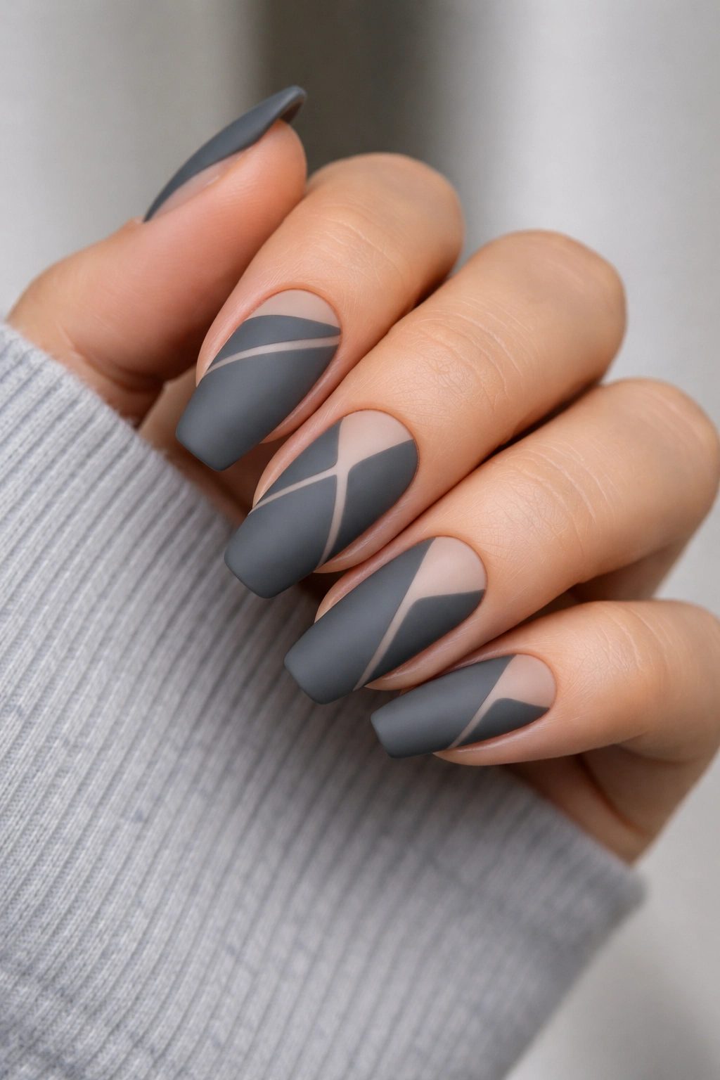 Slate gray nails with negative space design