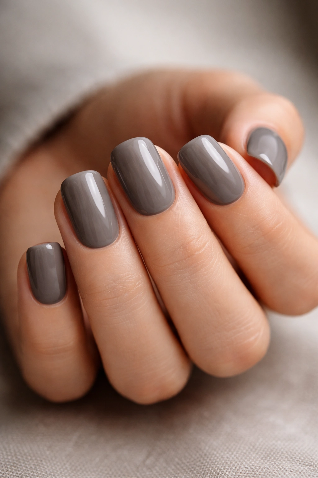 Close-up of short squoval nails in slate gray nude hybrid on a clean hand with soft studio lighting