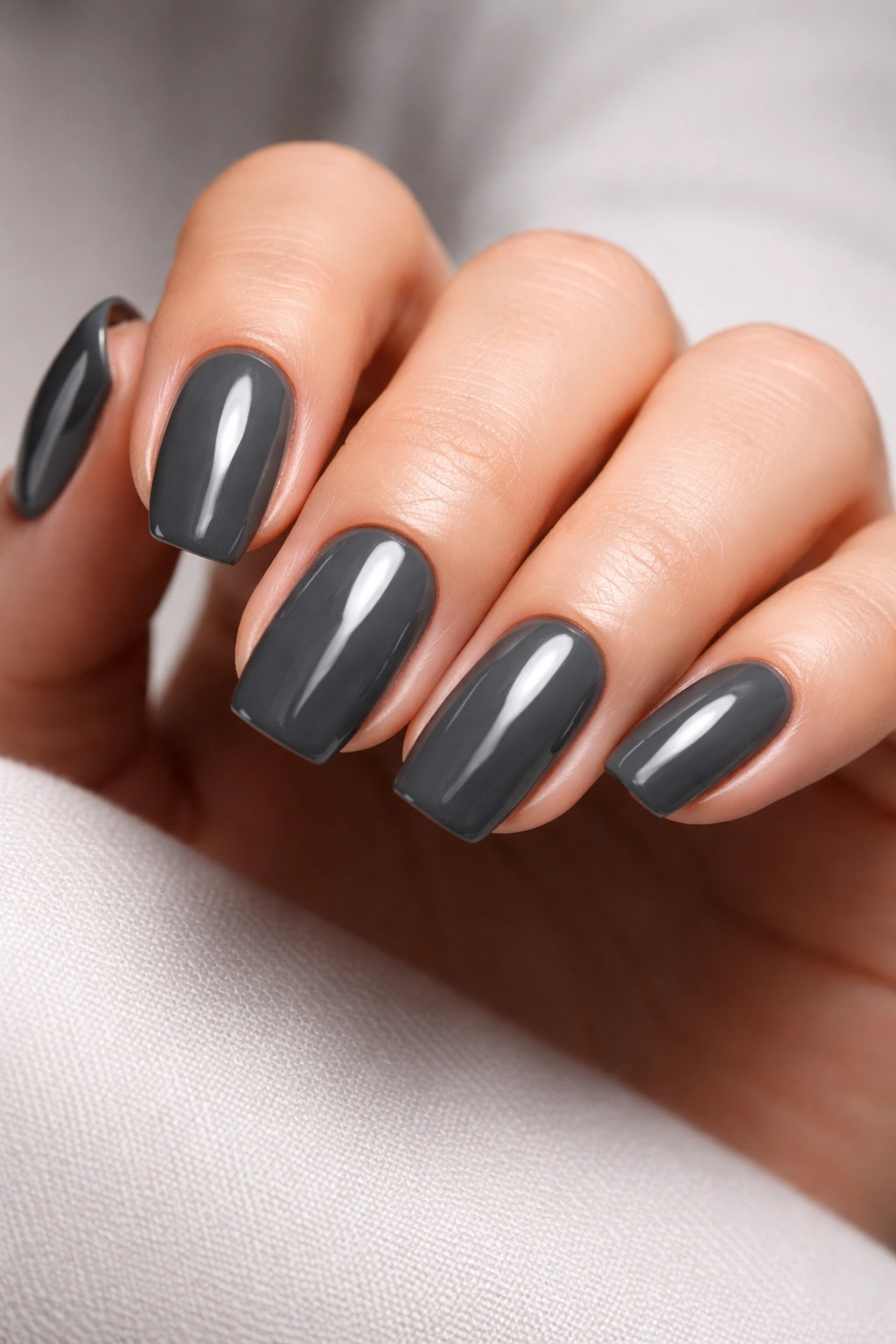 Close-up of hands with classic slate grey nails and glossy finish