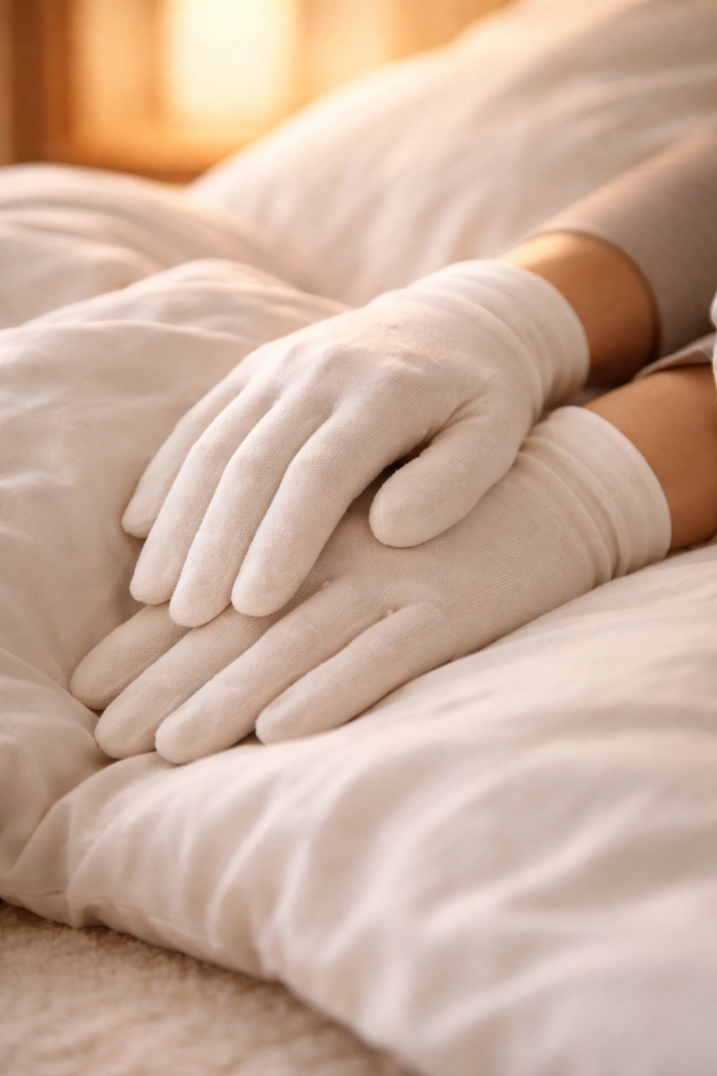 Hands in cotton gloves protecting gel nails during sleep