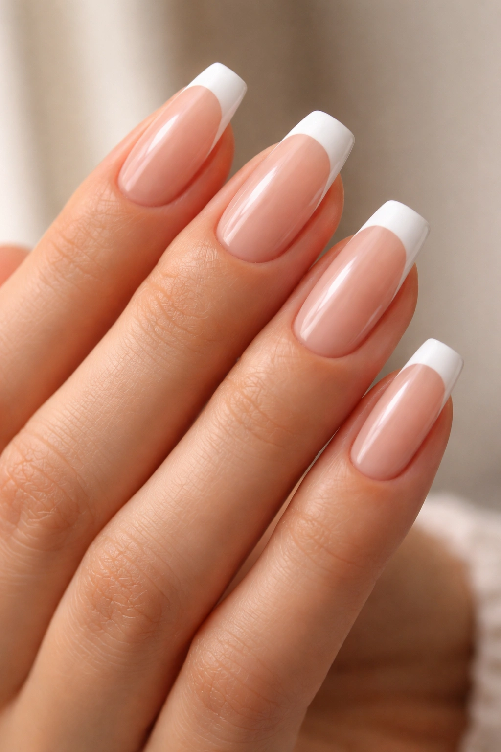 Close-up of slim square French tips on oval nails with a straight edge