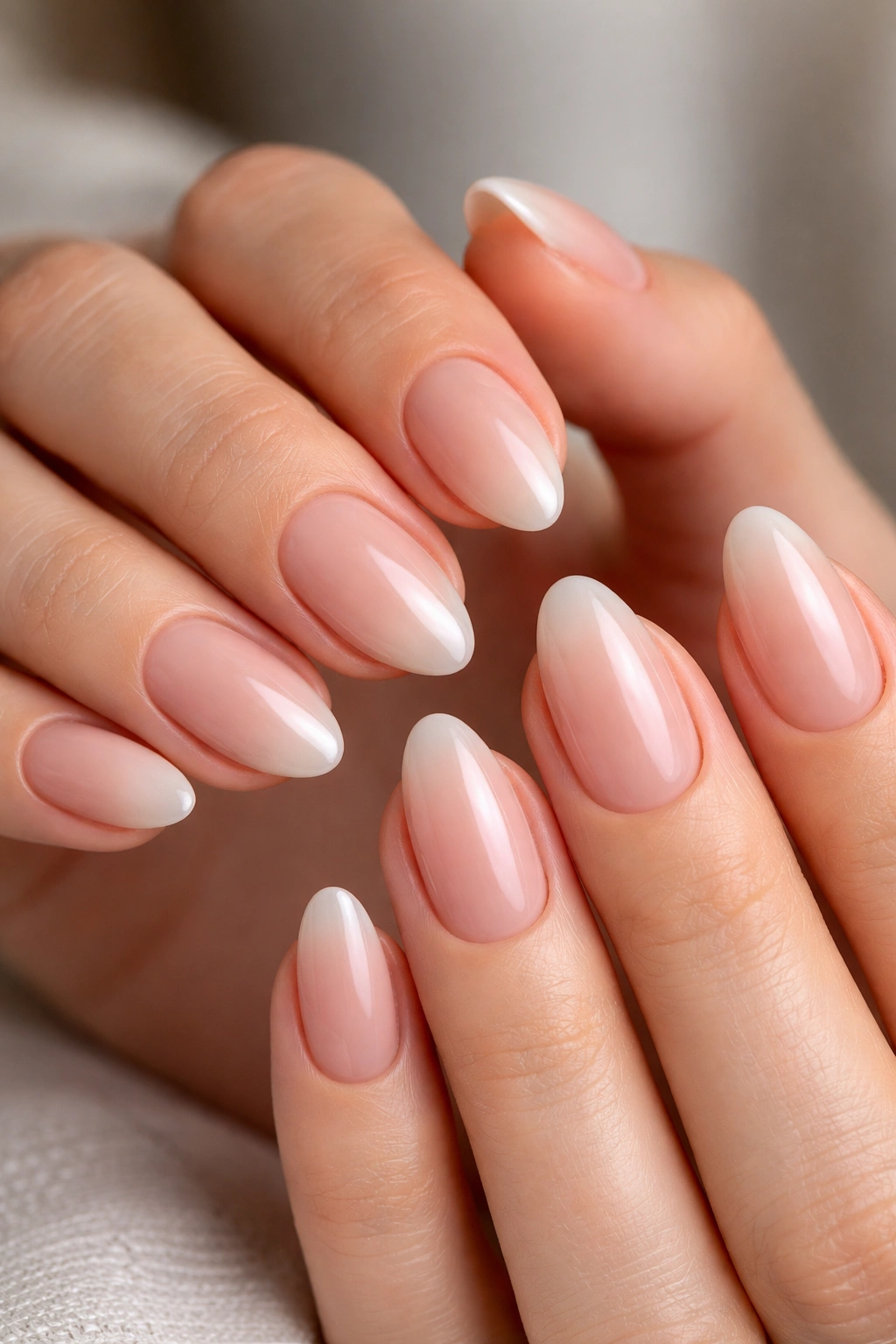 Hands displaying slimmed appearance of short almond nails with tapered sides