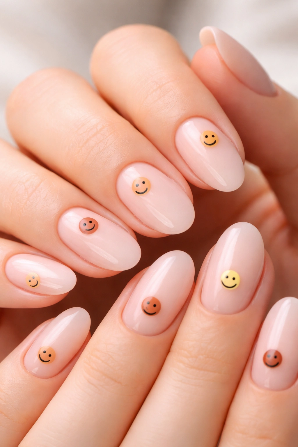 Close-up of short almond nails with milky pink base and tiny smiley accents