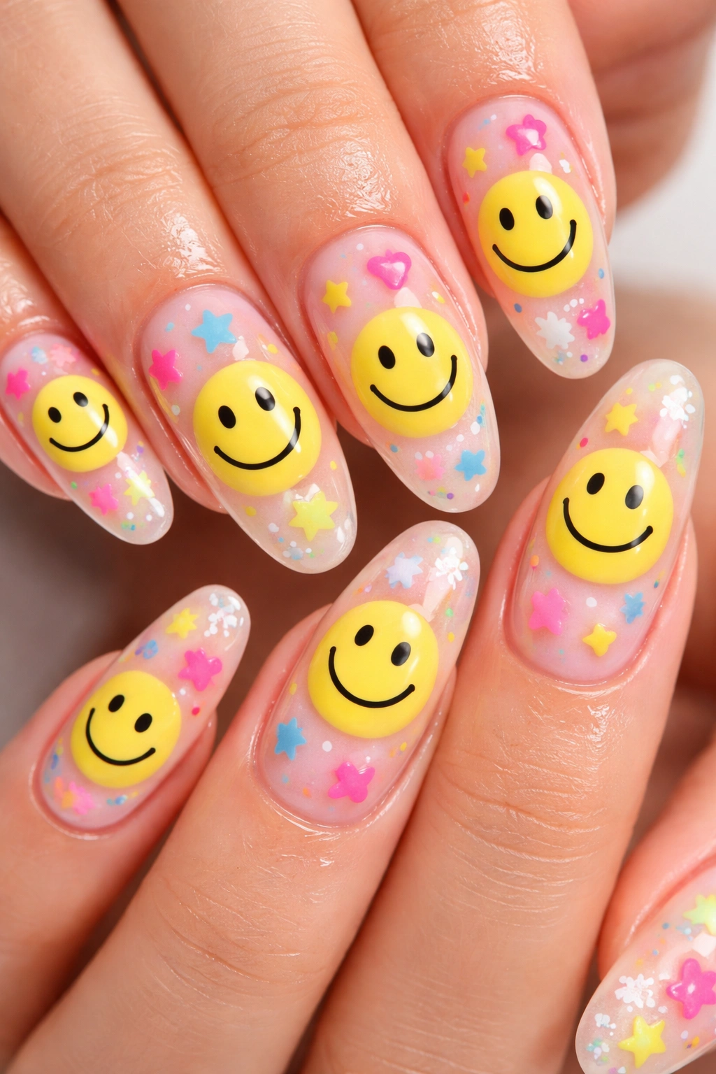 Close-up of acrylic nails with yellow smiley faces and cheerful motifs