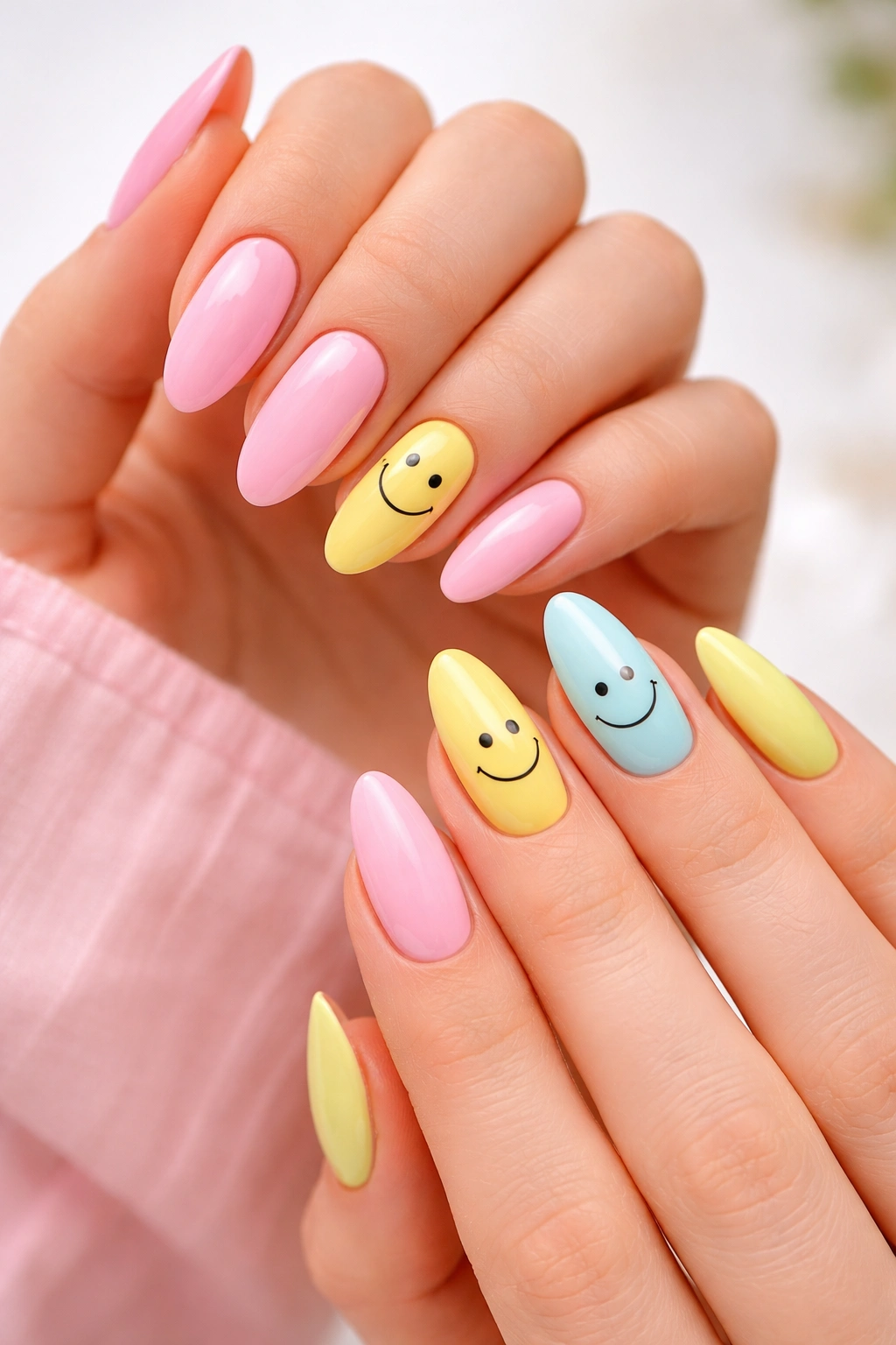 Almond nails with tiny smiley face accents on accent nails