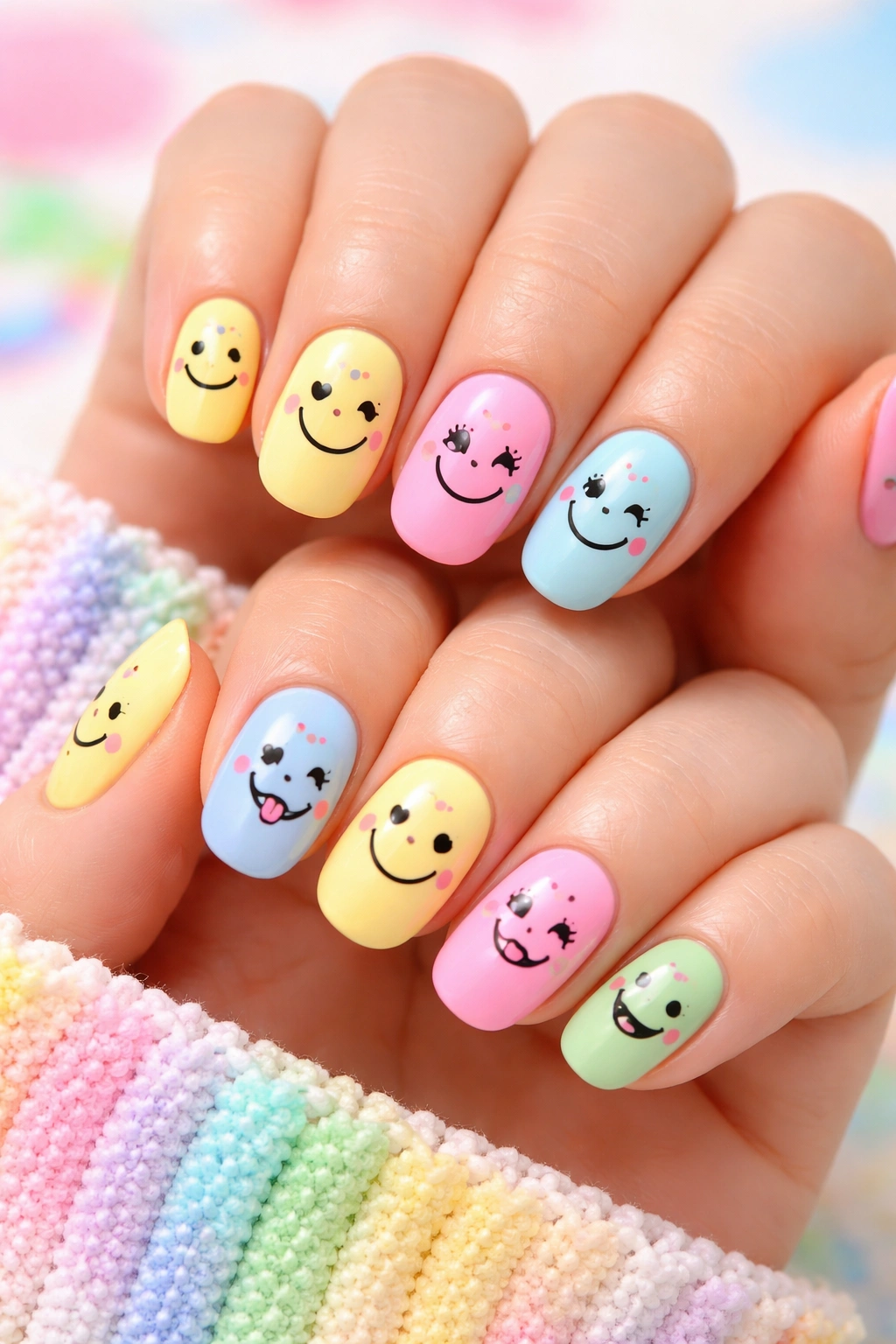 Nails with smiley face designs on bright bases