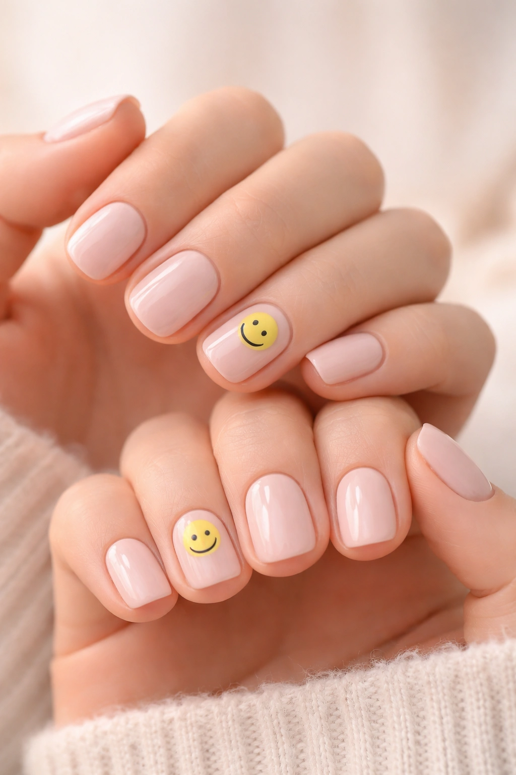 Close-up of two hands with short nails and tiny smiley-face accents on accent nails.