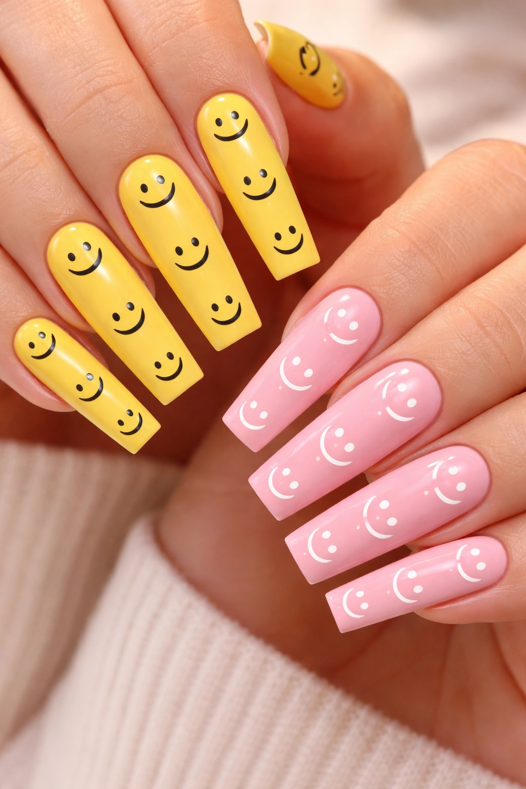 Nails with tiny smiley faces on pastel bases.