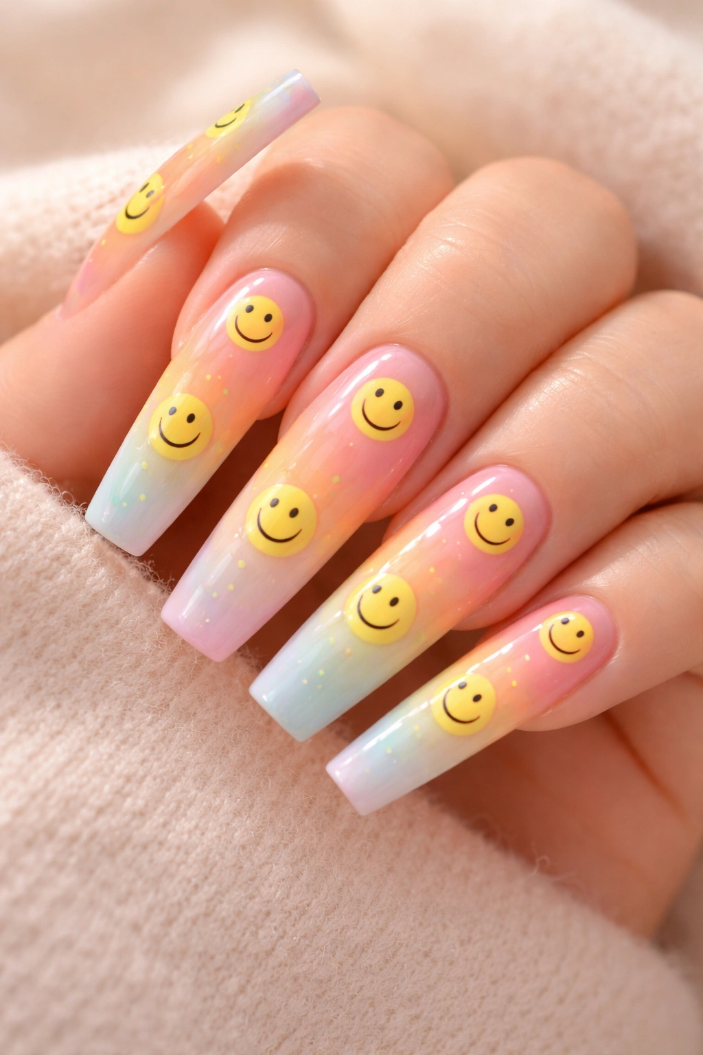 Close-up of long nails with sorbet gradient and smiley-face art.