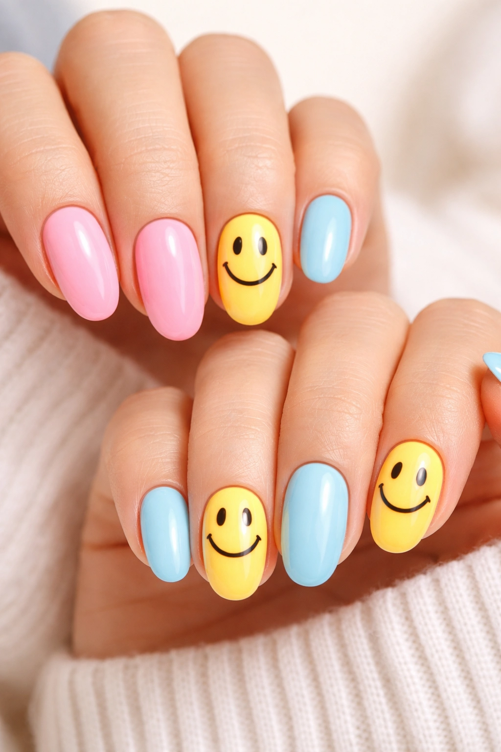Close-up of hands with yellow smiley-face nail accents on accent nails