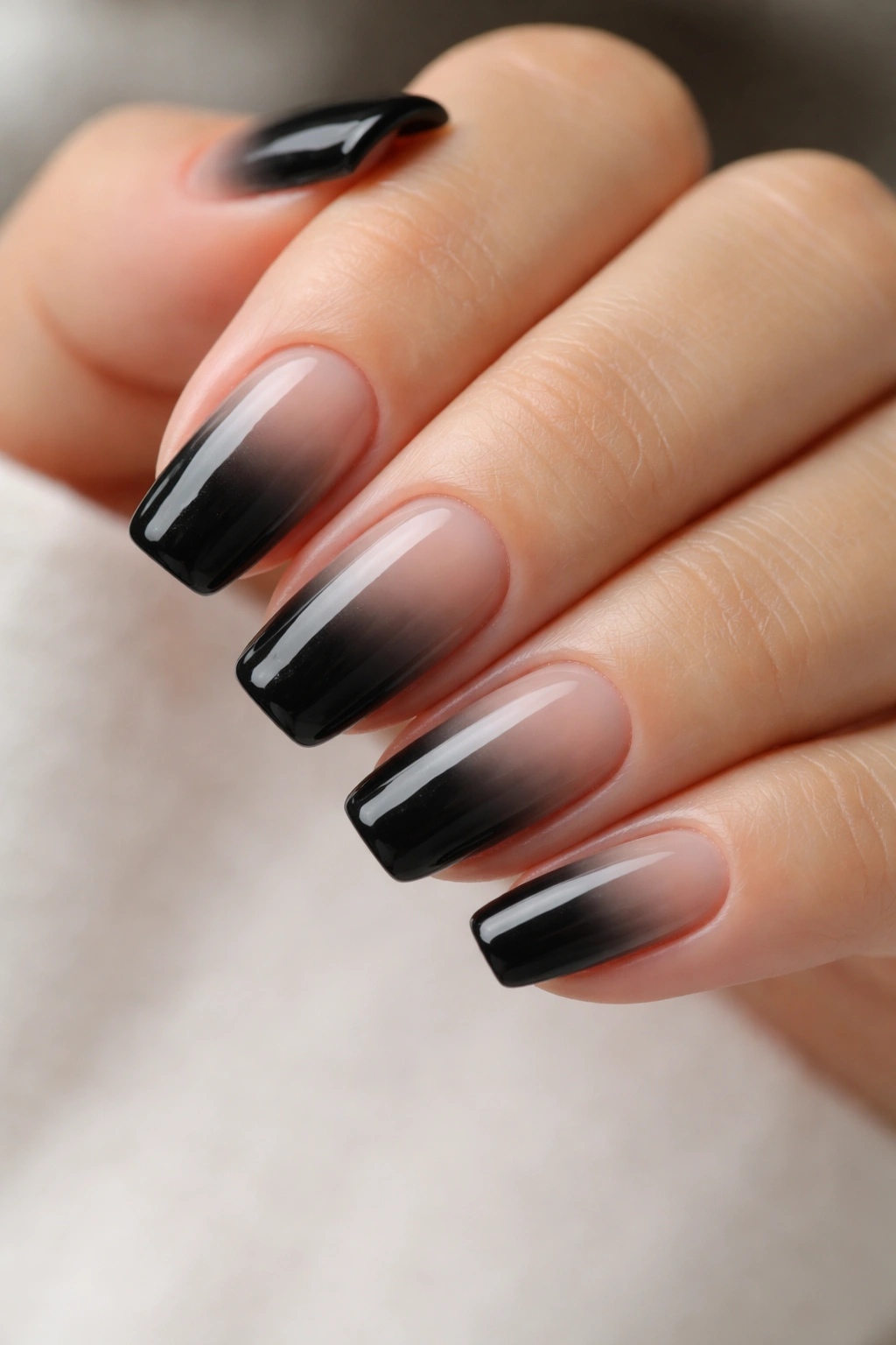 Close-up of smoked black ombre nails on short ballerina shape