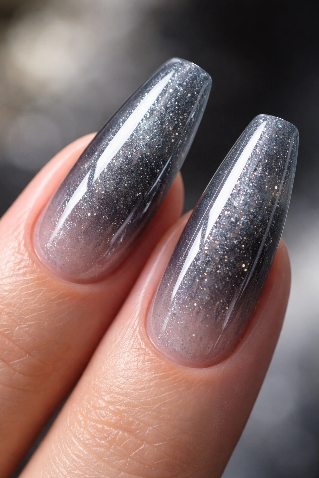 Translucent smoked silver jelly nails with depth and shimmer