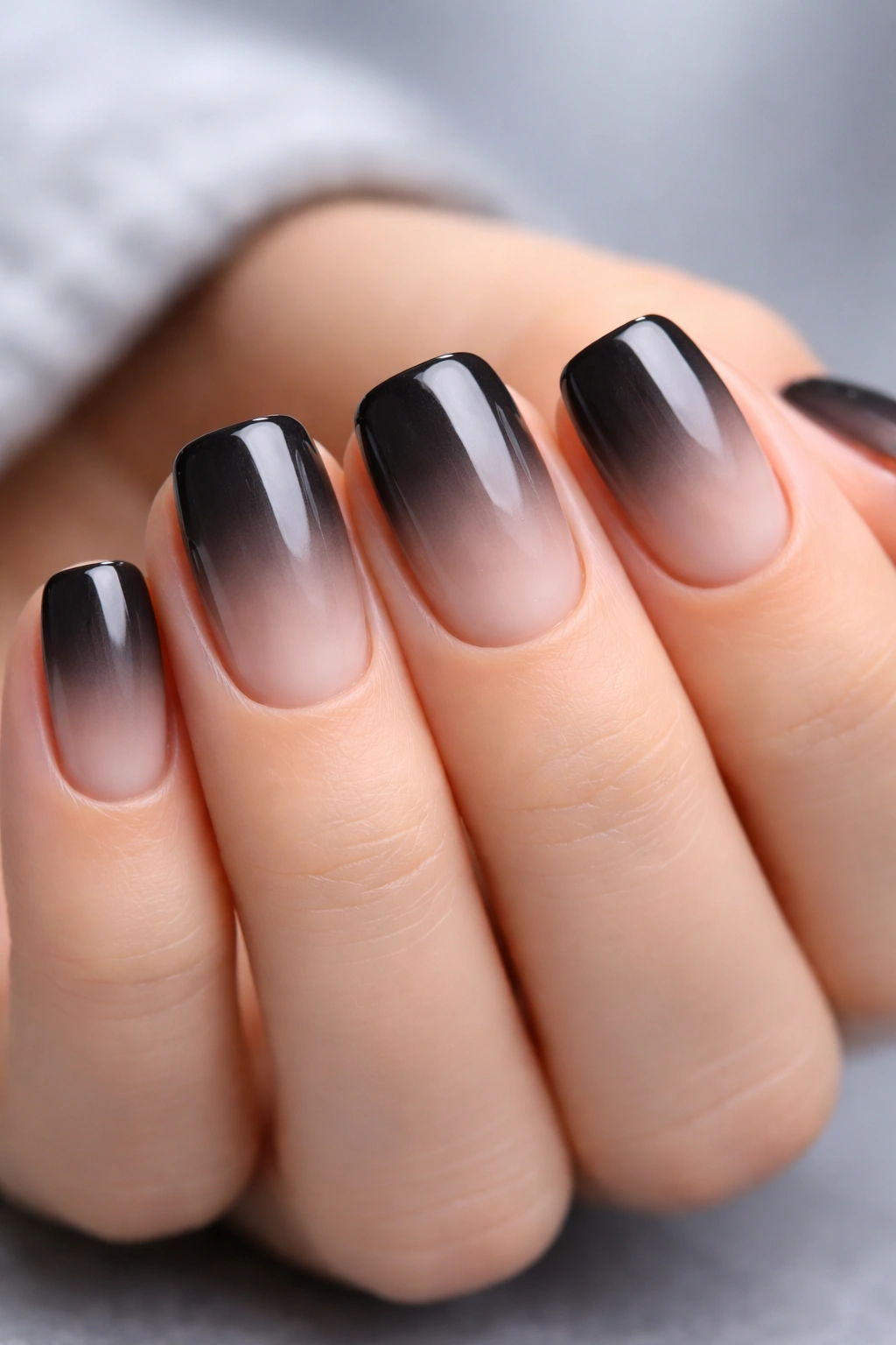 Smoky charcoal to nude ombre nails on squoval shape