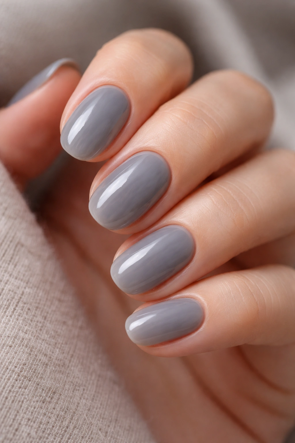 Close-up of smoky grey short oval builder gel nails with taupe-blue undertones