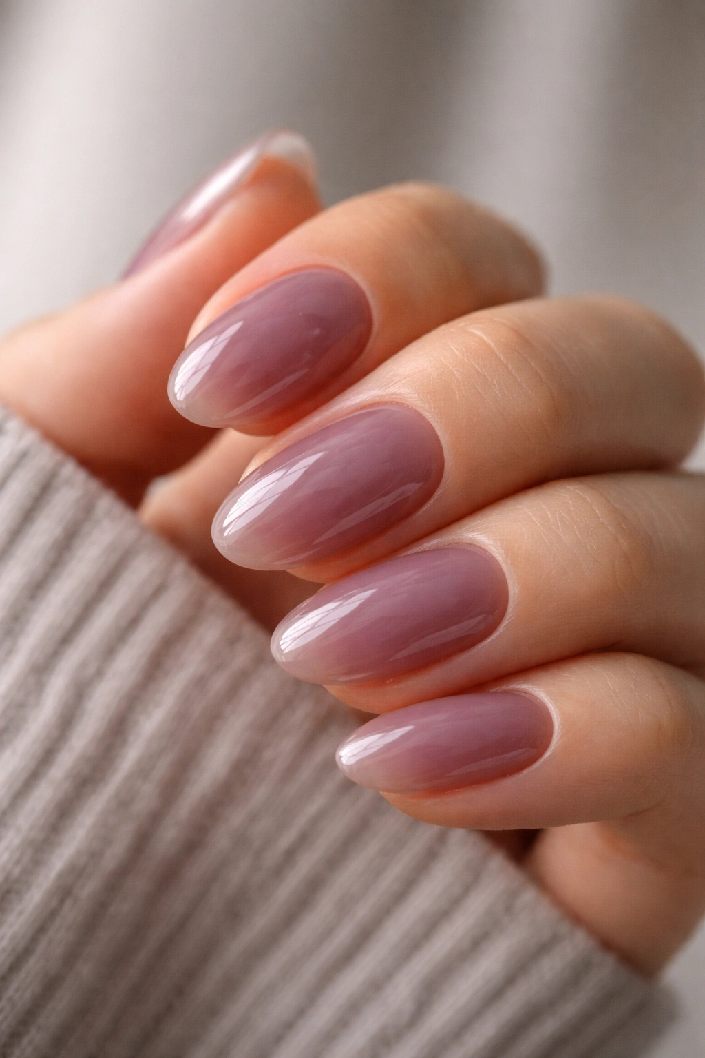 Close-up of short almond nails with smoky mauve jelly polish showing depth