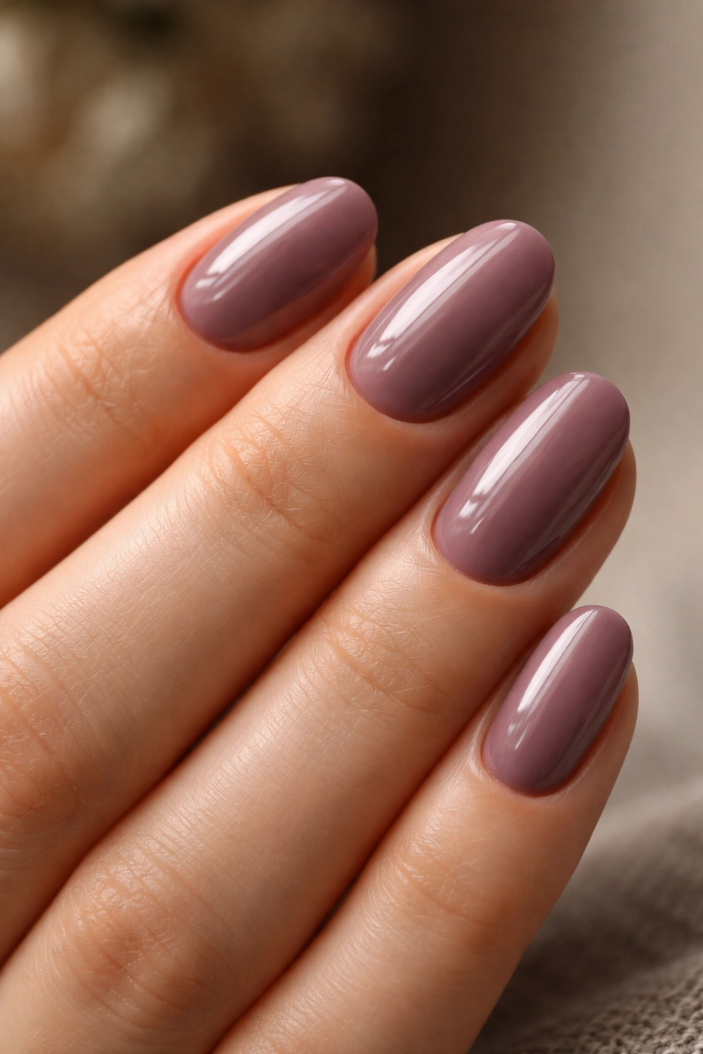 Close-up of smoky mauve oval nails on short nails