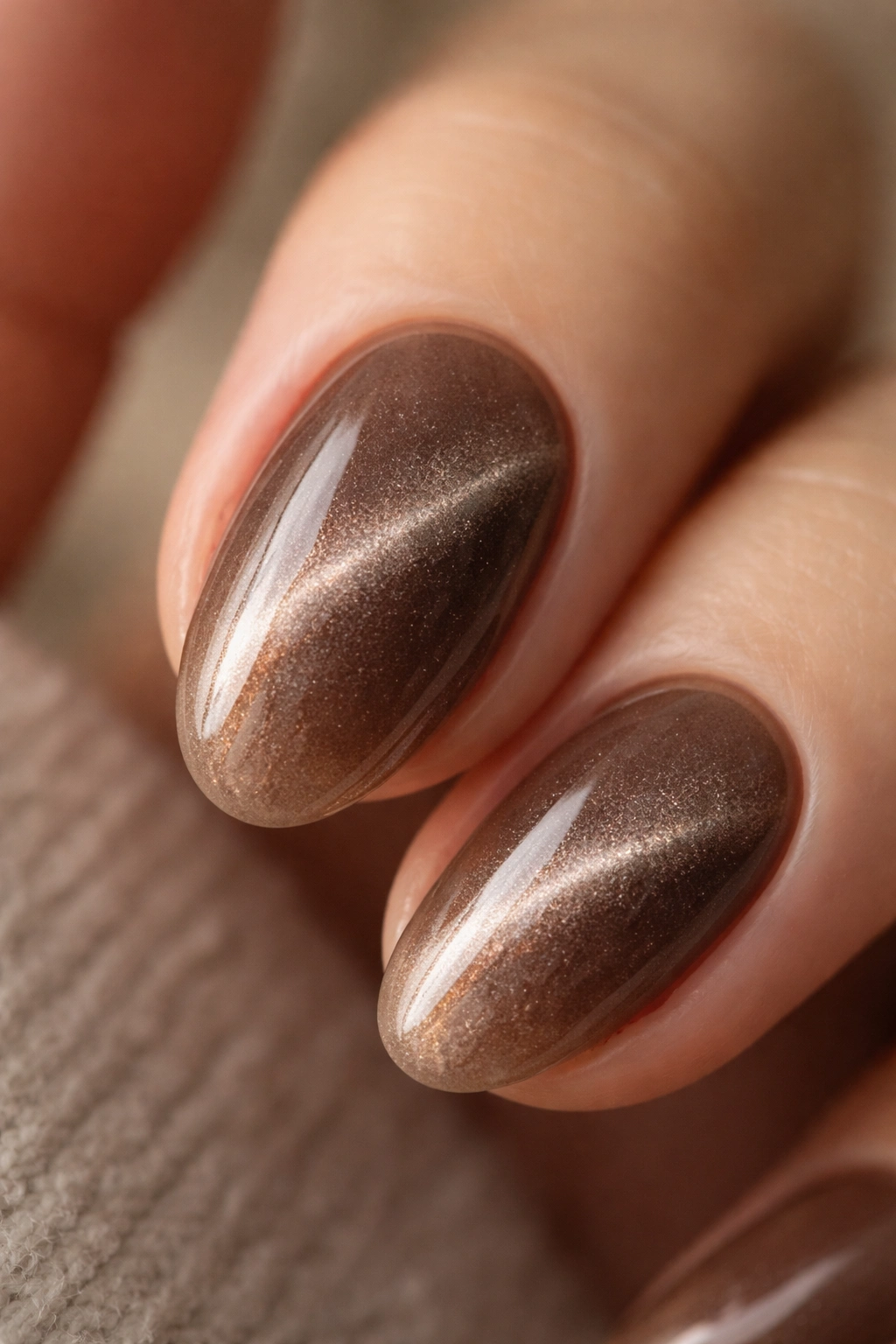 Close-up of a short almond nail with smoky mocha cat-eye design on neutral background