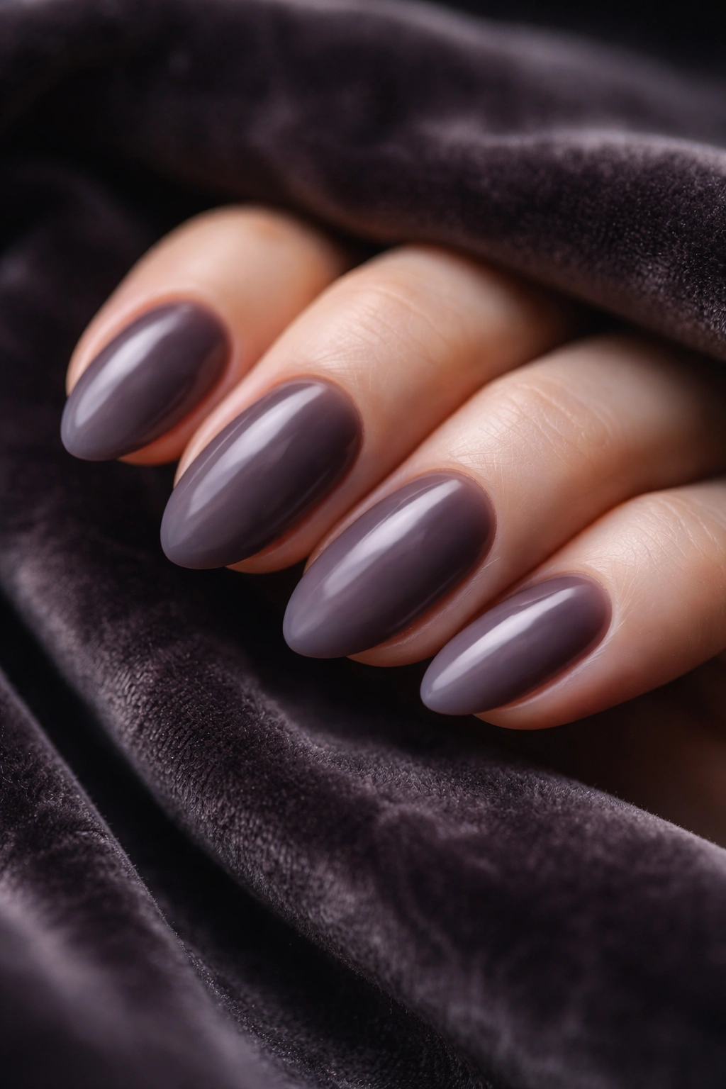 Close-up of smoky plum short almond nails with hazy finish
