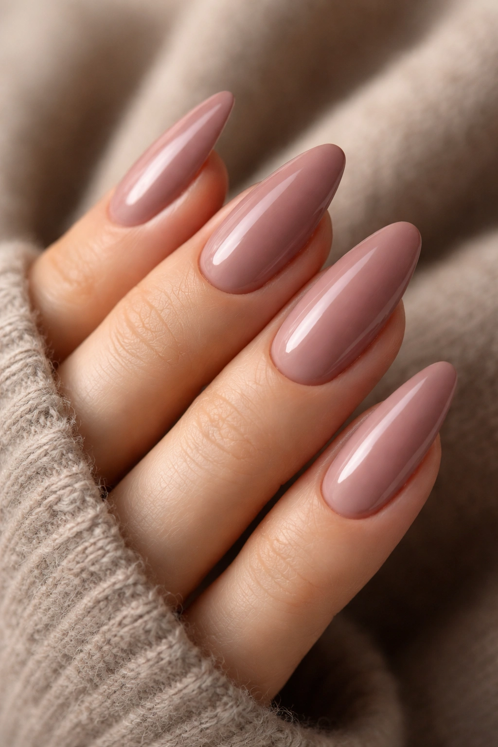 Smoky rose almond nails in muted mauve-pink-beige tones