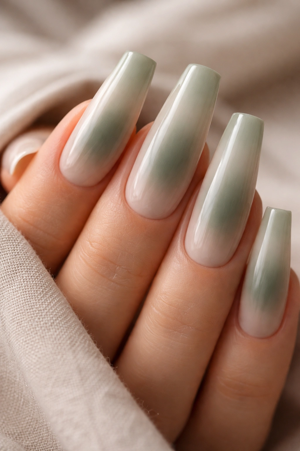 Close-up of smoky sage aura nails with hazy center glow on long ballerina nails