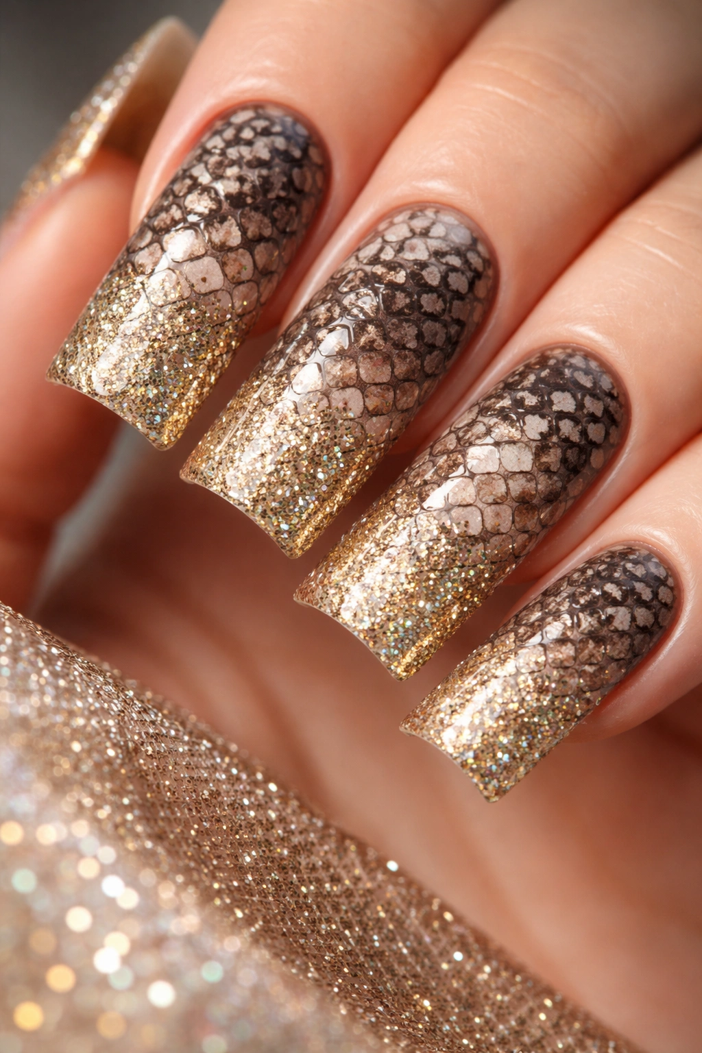 Duck nails with snakeskin scales and glitter gradient