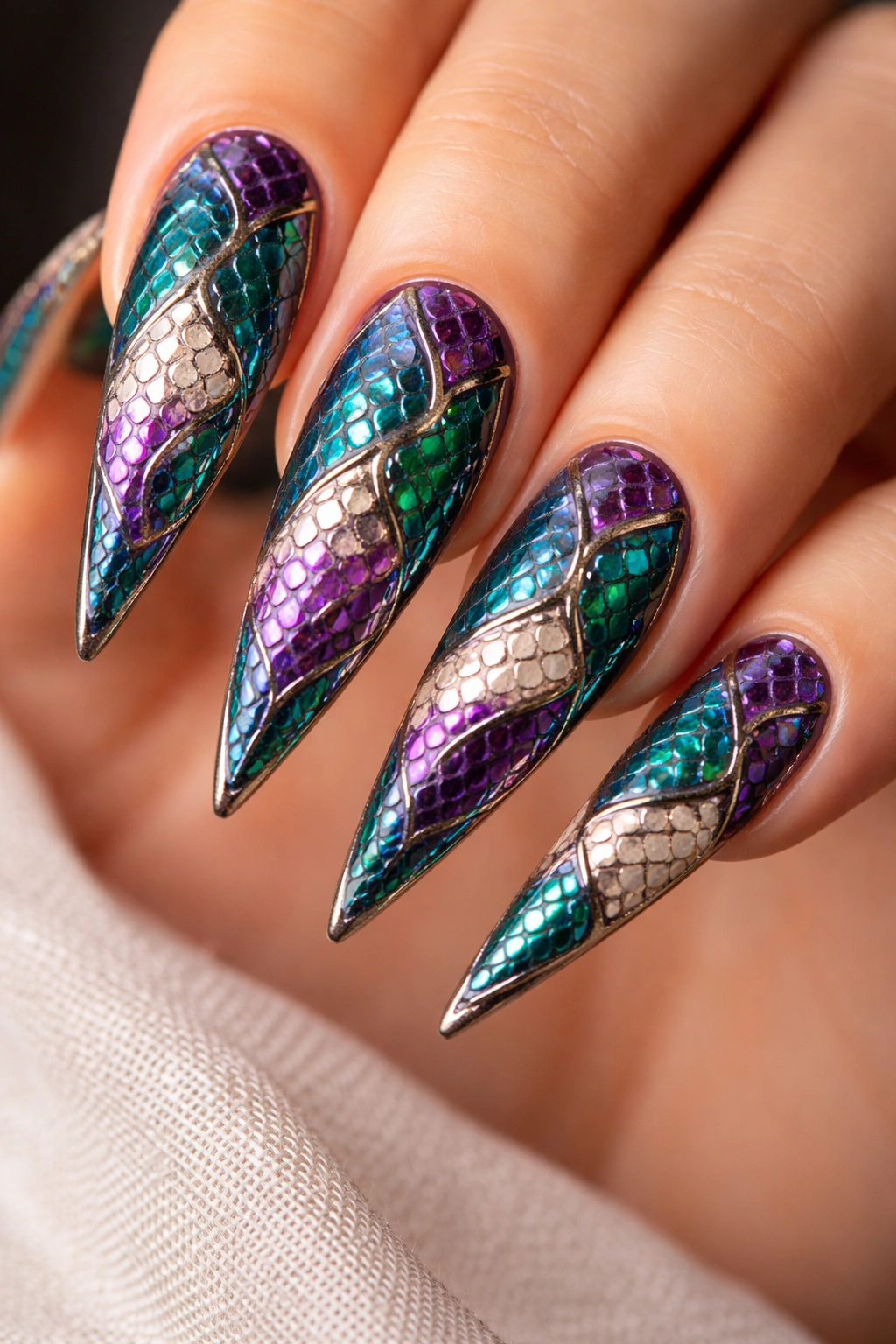 Close-up of jewel-toned snake scale nails with metallic outlines on stiletto tips