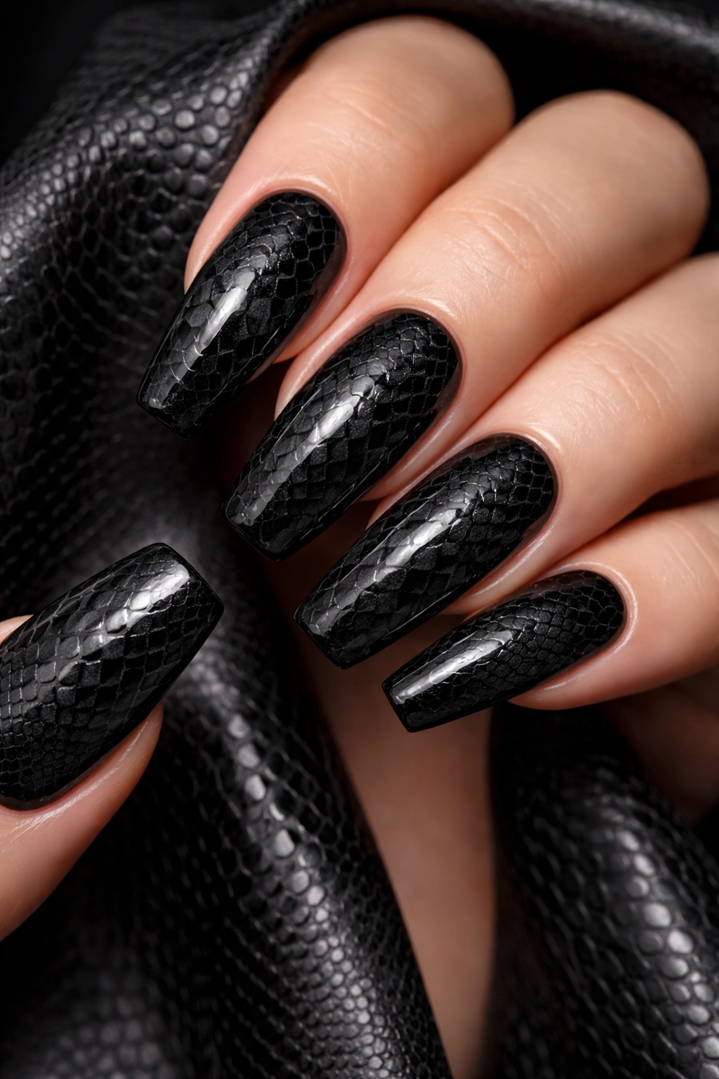 Black snake skin texture nails with gray scales