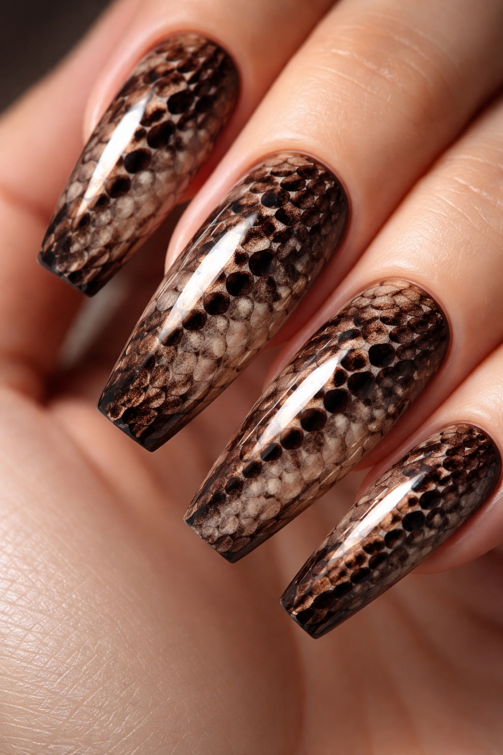 Macro shot of snakeskin blooming gel nail with scale-like pattern in brown and beige