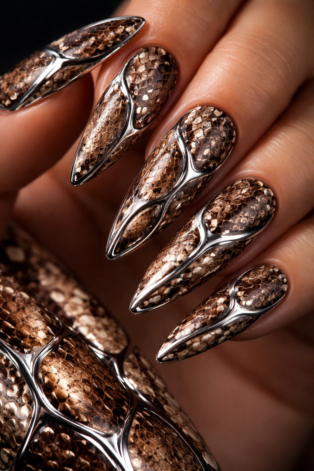 Long almond nails with snakeskin pattern and chrome accents