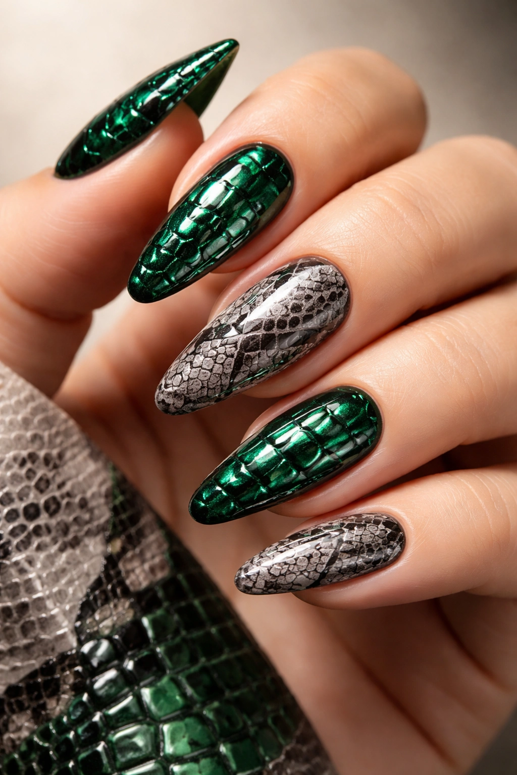 Nails with emerald green croc print and grey snakeskin patterns