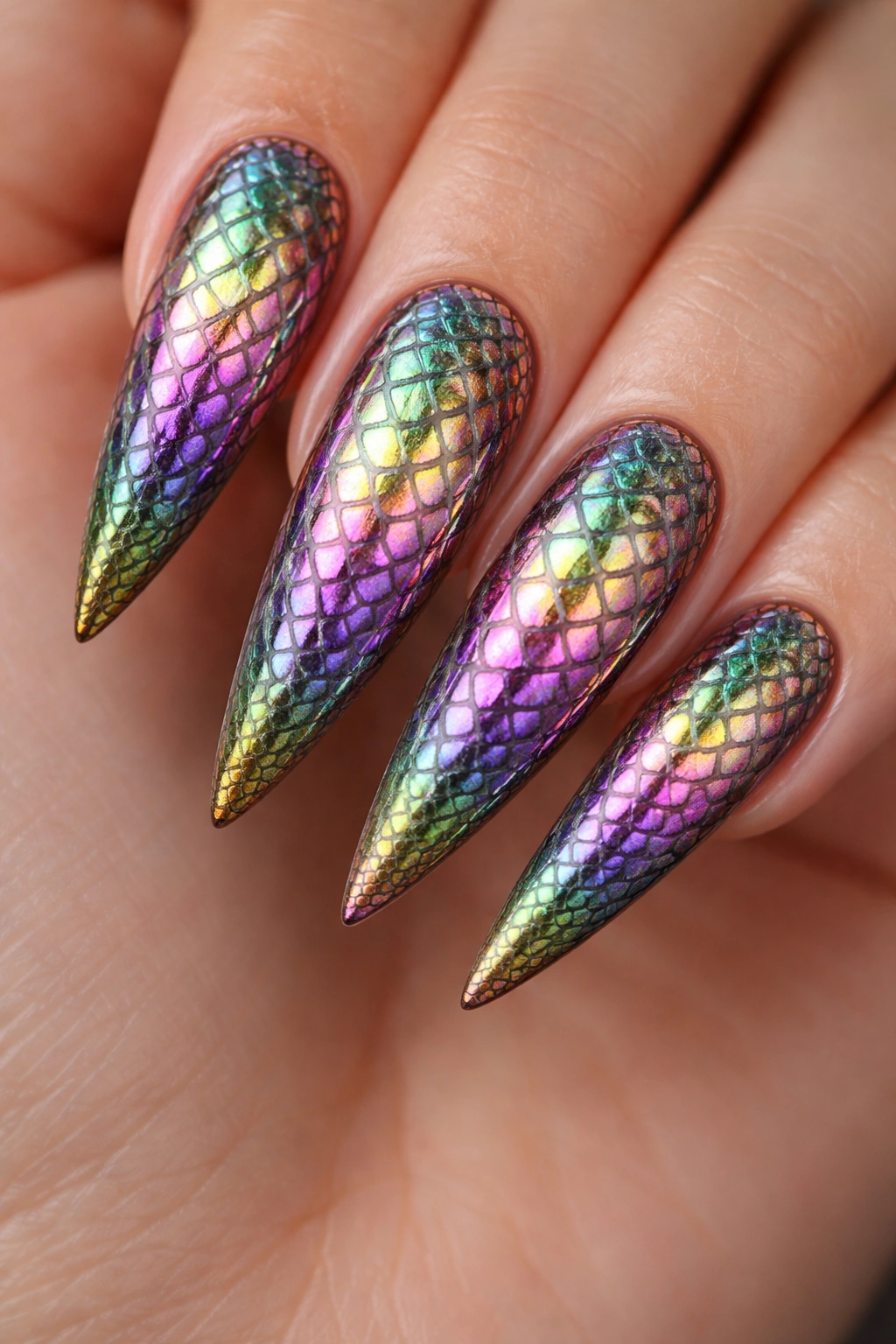 Close-up of snakeskin-pattern nails on long stiletto tips with iridescent color-shifting polish