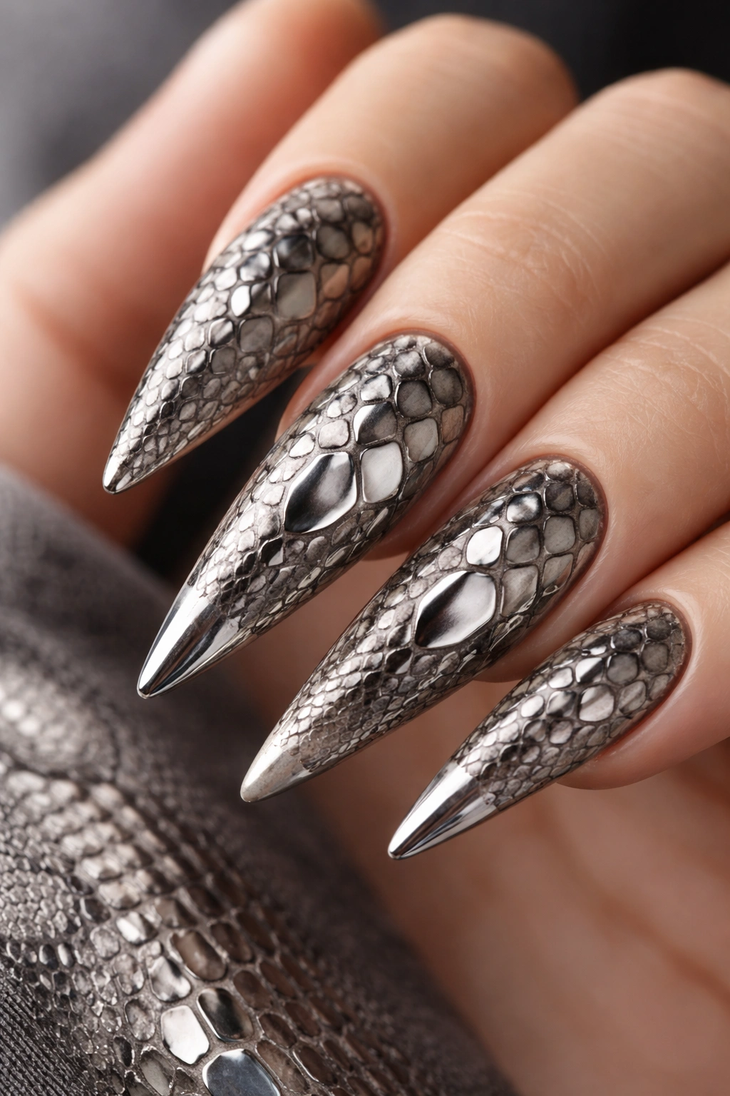 Snakeskin scale nails with chrome accents on stiletto shape