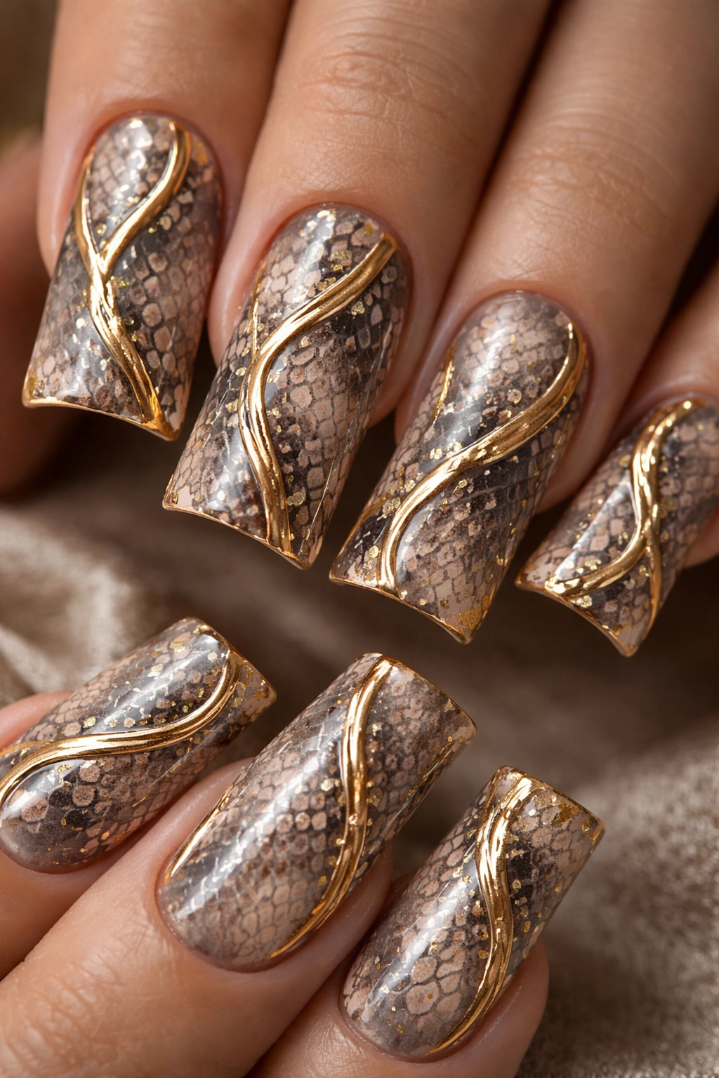 Duck nails with snakeskin pattern in taupe and metallic gold accents.