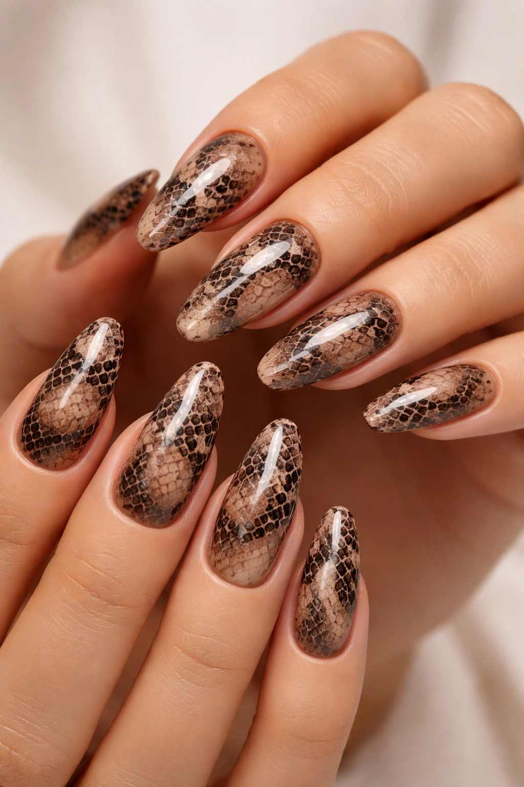 Close-up of hands with nude snakeskin nail art