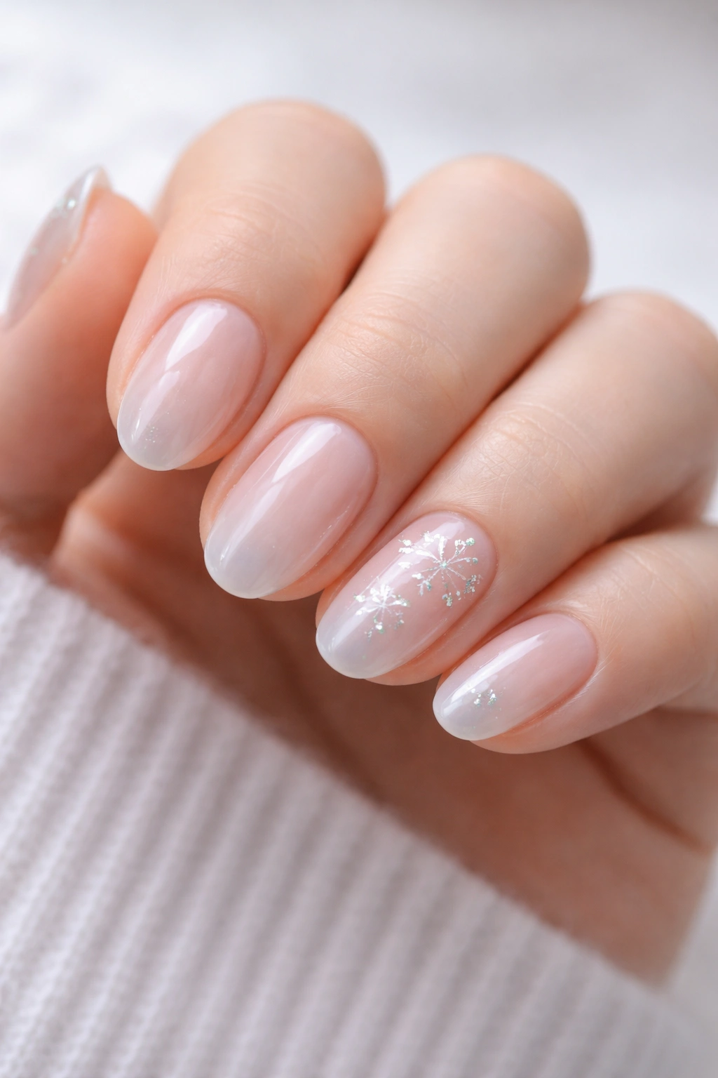 Close-up of mini snowflake accents on clear icy nails on short almond nails
