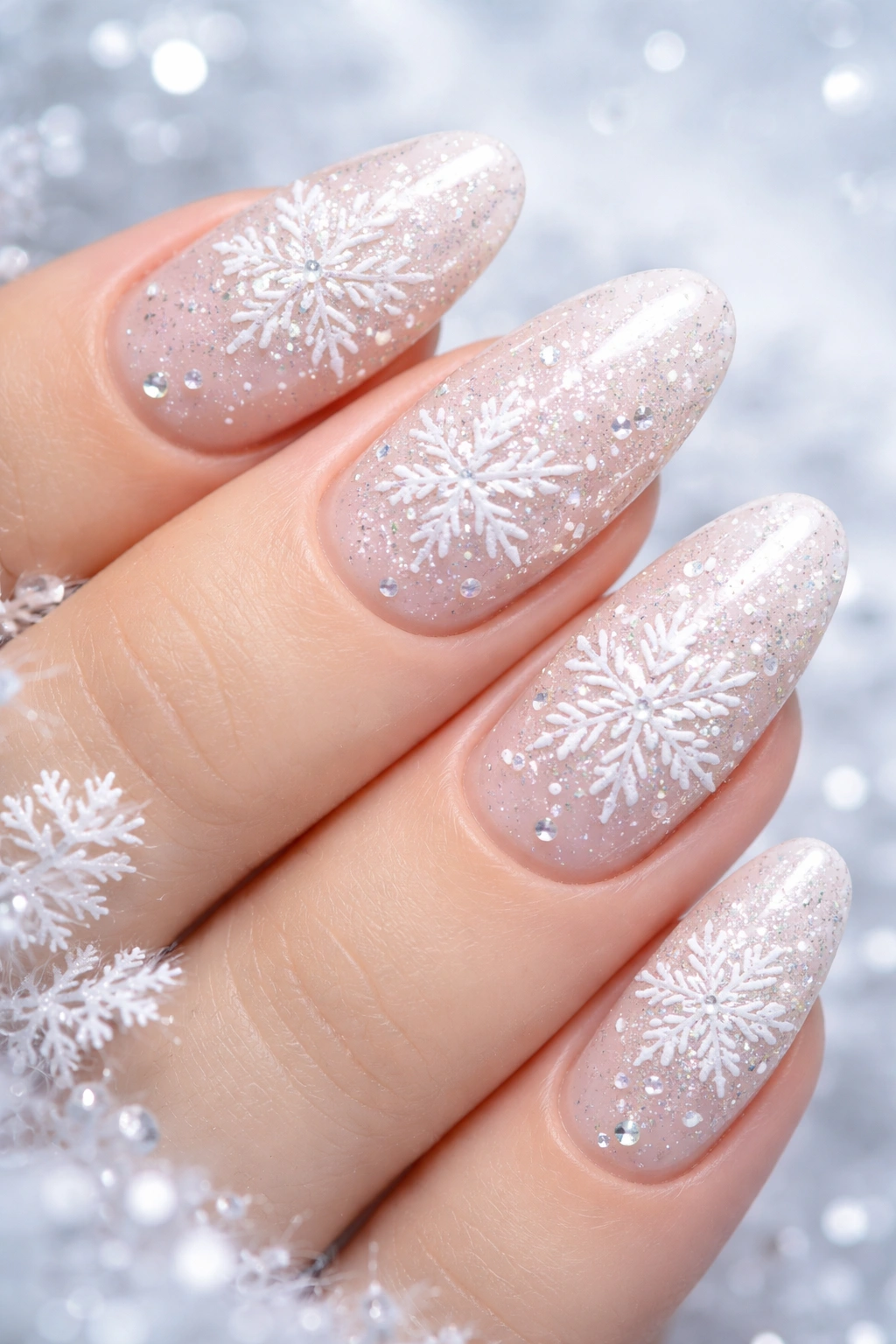 Close-up of nails with white glitter snowflake designs on pale base