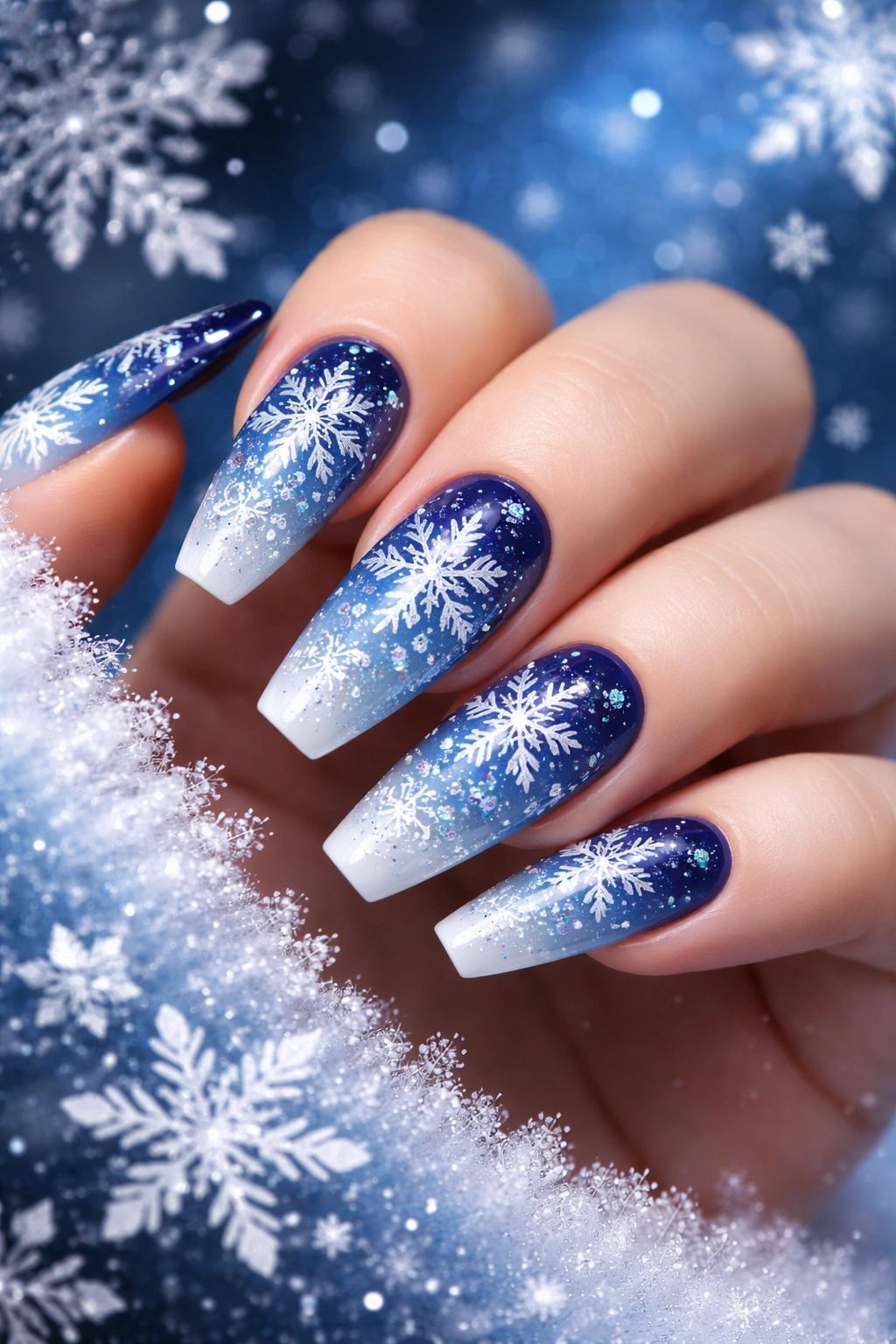 Close-up of blue nails with white snowflake designs on a deep blue background