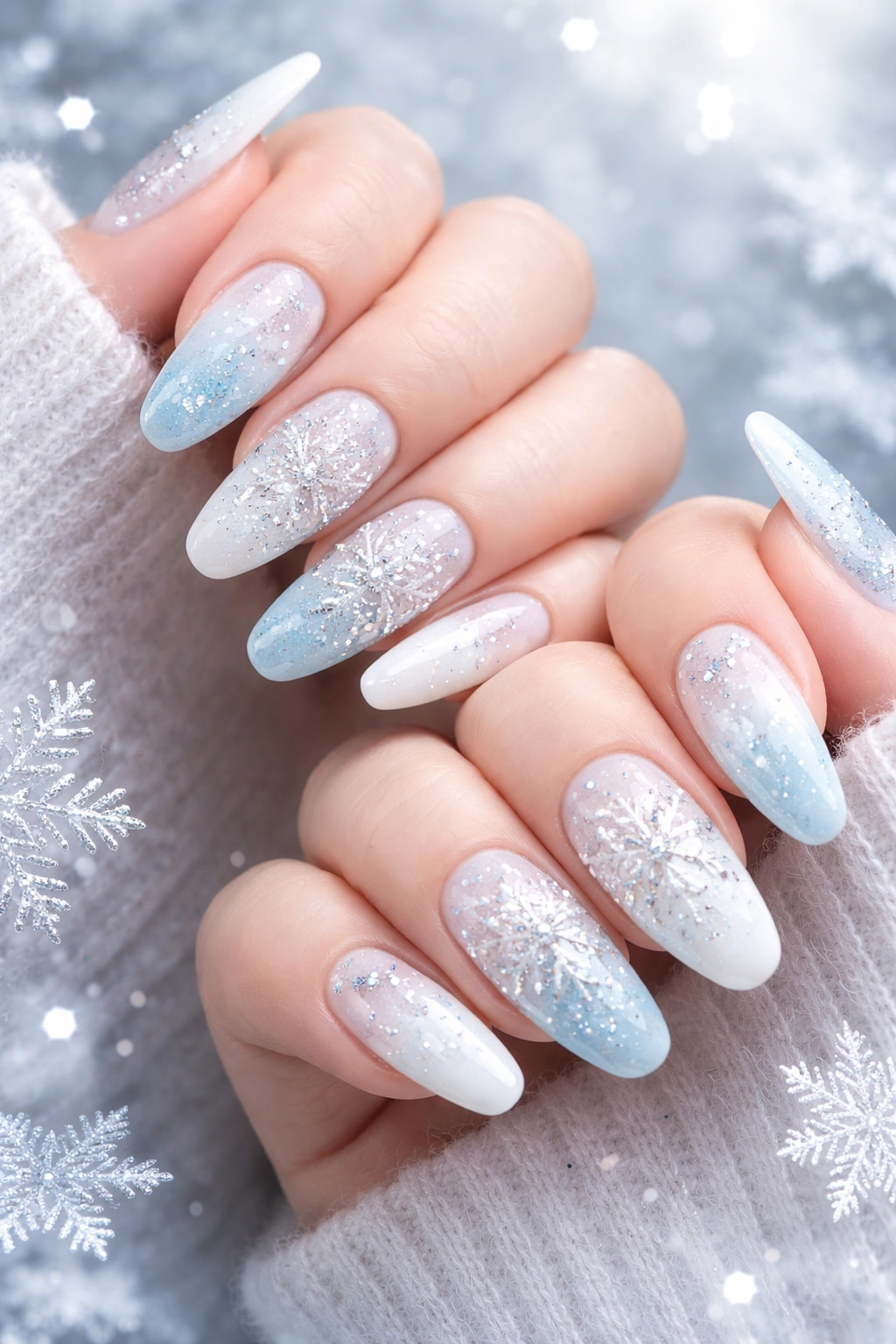 Close-up of matching icy blue and white snowflake nails with silver accents