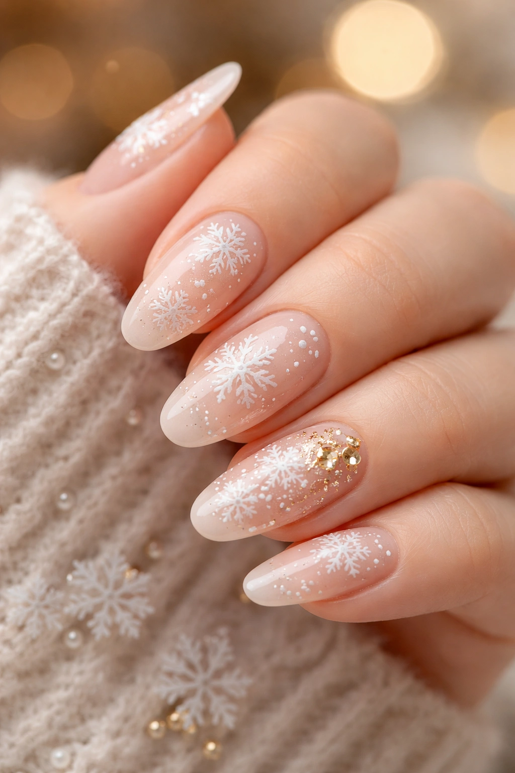 Nails with delicate white snowflakes and gold accents