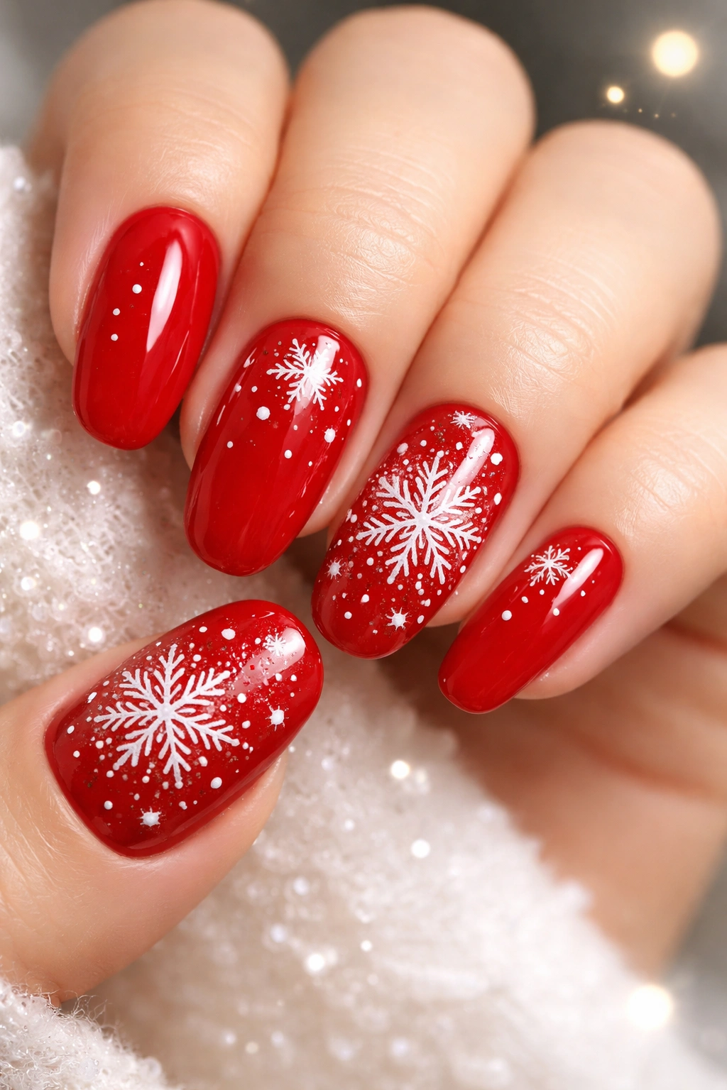 Red nails with white snowflake nail art on accent nails